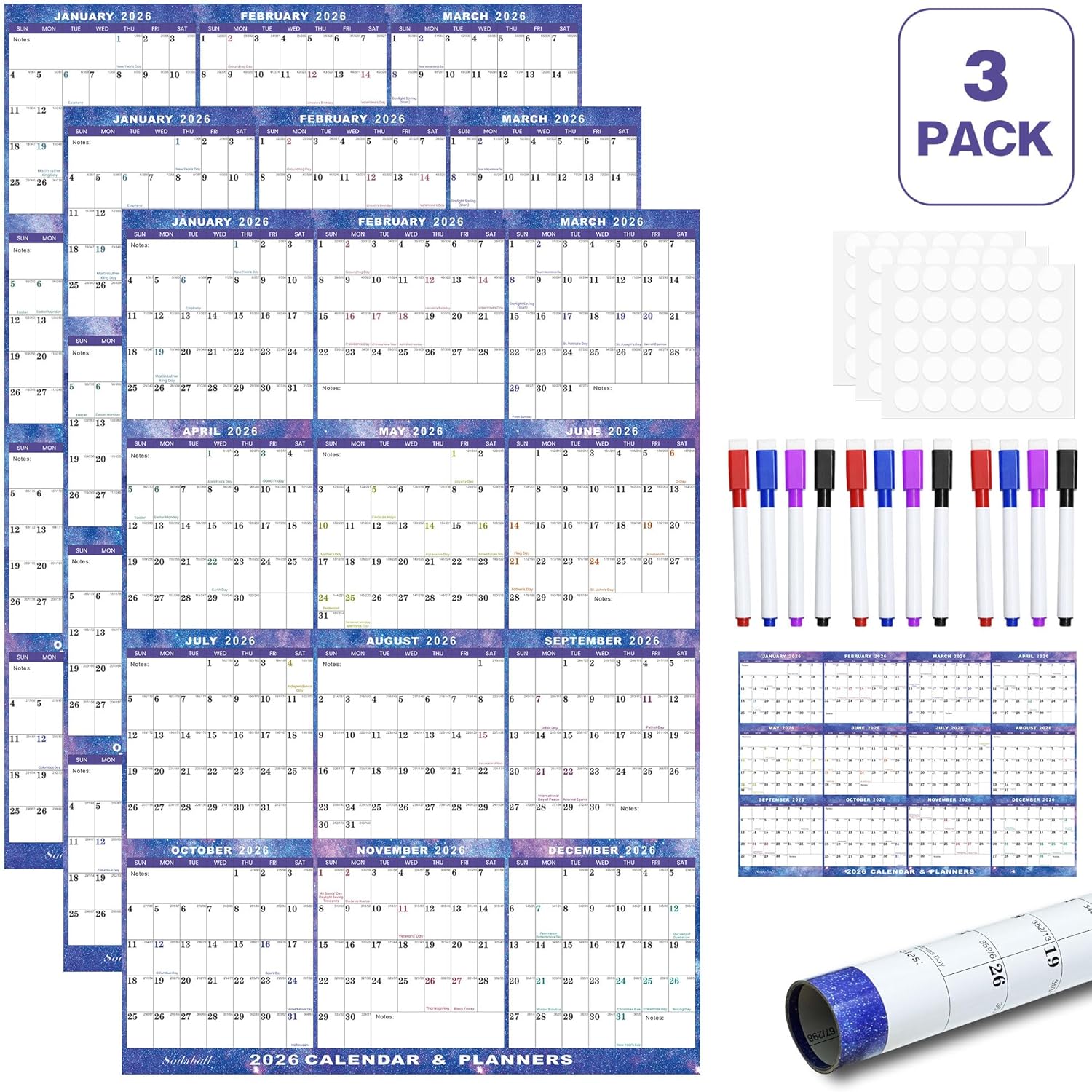 24" x 36" 2026 Wall Calendar Dry Erase - Large Starry Sky Calendar Wet & Dry Erasable Laminated 12 Month Annual Yearly Planner, Reversible, Horizontal/Vertical (2026 Wall Calendar)