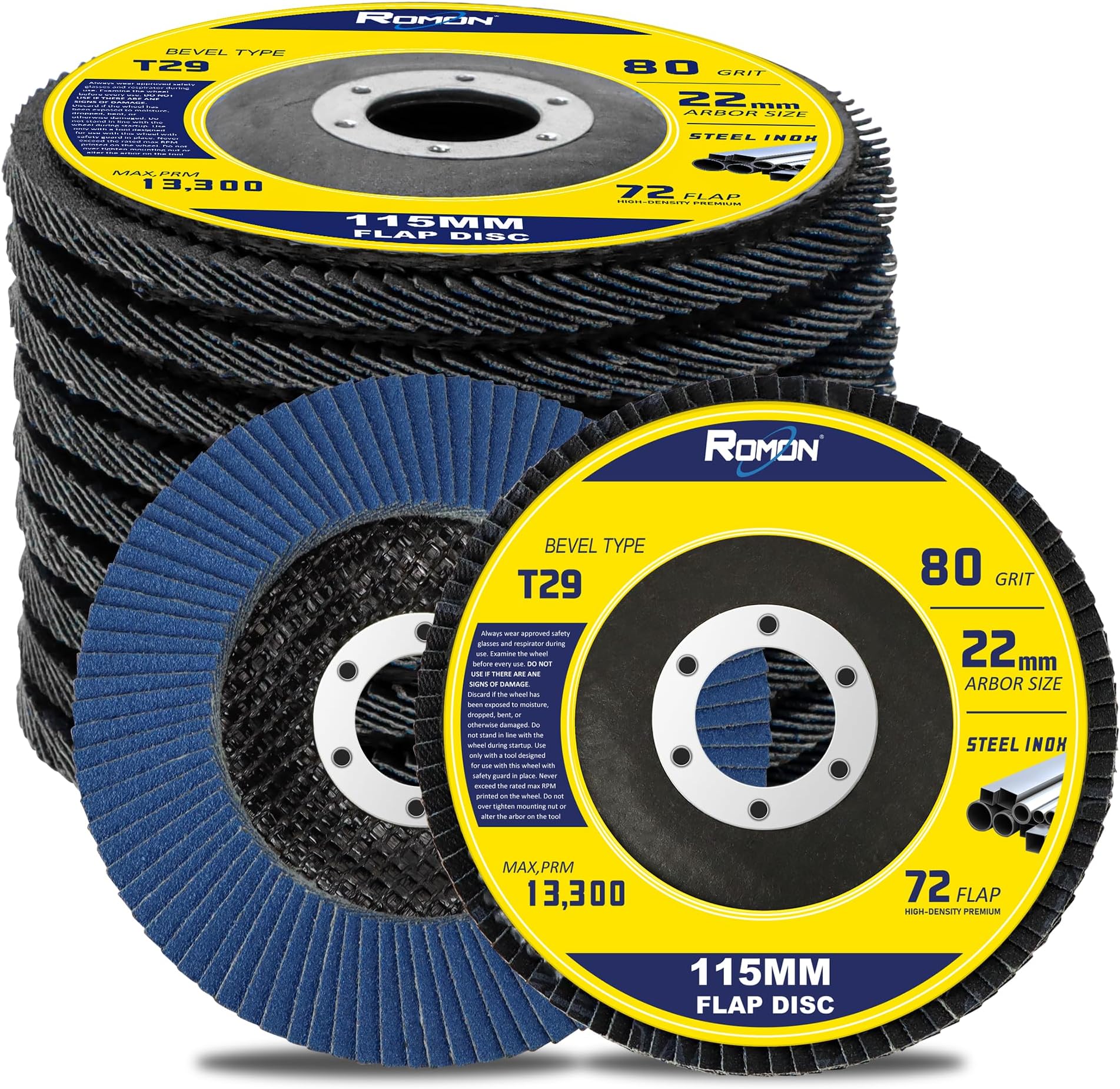 ROMON Flap Discs 80 Grit, 4 1/2 x 7/8-Inch Flap Sanding Disc, Industrial Grade Type 29 Zirconia Grinding Wheel Aluminum, Oxide Abrasives for Stainless Steel, Sheet Metal (10 Pack)