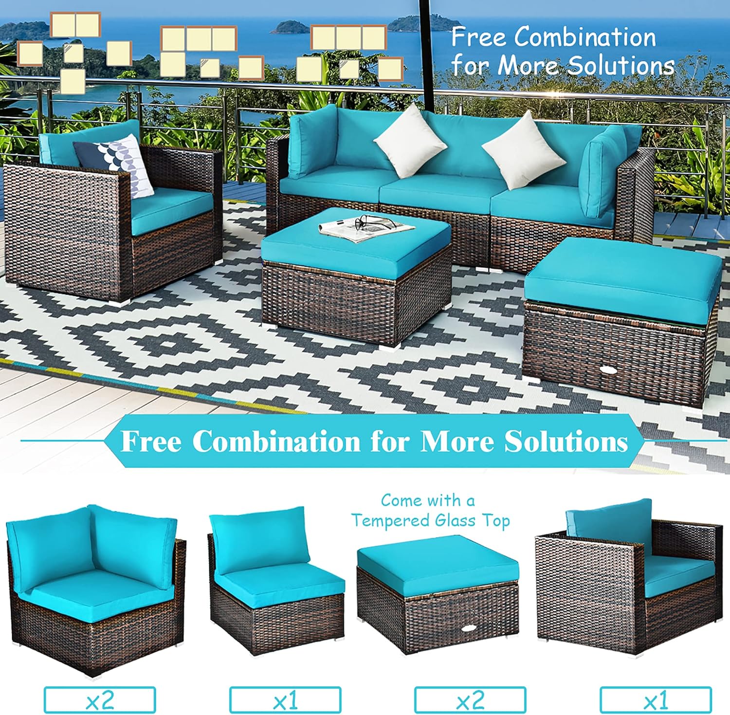 DORTALA 6 Pieces Patio Rattan Sectional Furniture Set, Outdoor Wicker Conversation Set, All Weather PE Wicker Sofa Set with Back and Seat Cushion for Backyard Couch Garden Poolside Balcony, Turquoise
