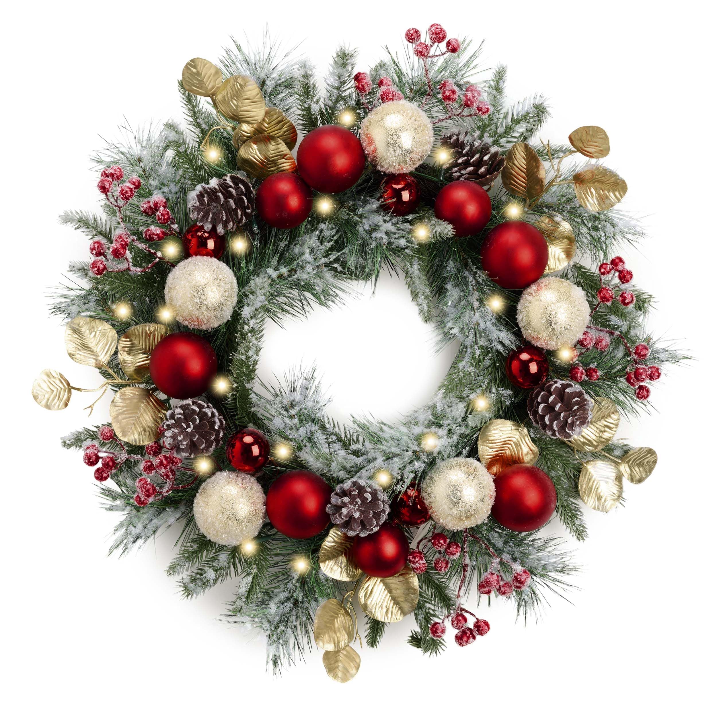 Valery Madelyn Ghirlanda natalizia pre-illuminata per porta d'ingresso con luci, 50 cm, grande ghirlanda di Chritsmas con bacche di pino rosse palline di Natale per camino, finestra, tavolo esterno