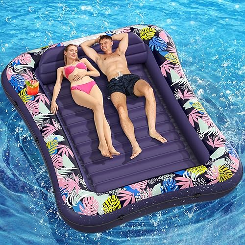 Flotador para tumbona bronceadora para piscina, de 87 x 63 pulgadas, para adultos, con reposacabezas y soporte para bebidas, cama inflable para