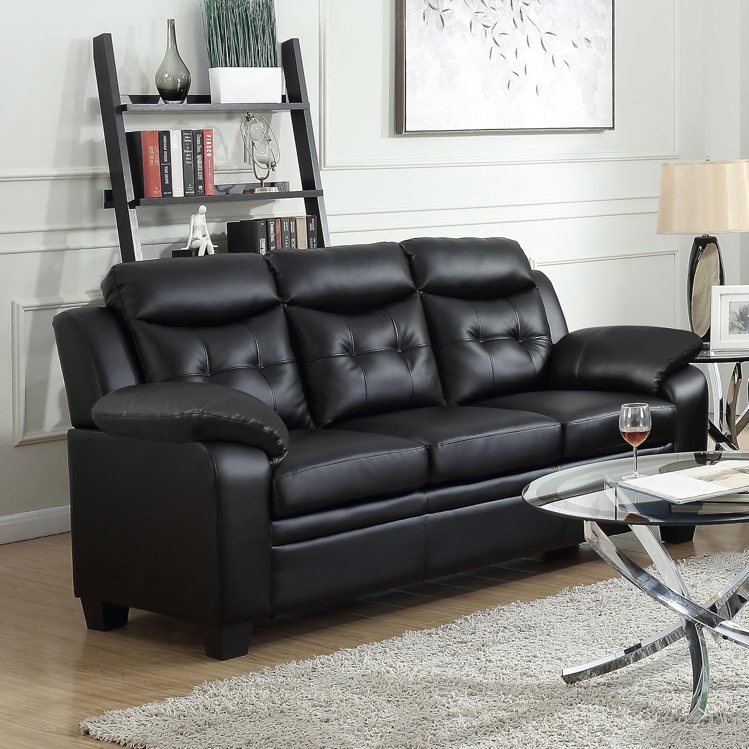 Coaster Home Furnishings - Finley - Leatherette Upholstered Padded Arm Stationary Tufted Sofa with Plush Padding Headrests - Contemporary - Living Room - Black - 506551