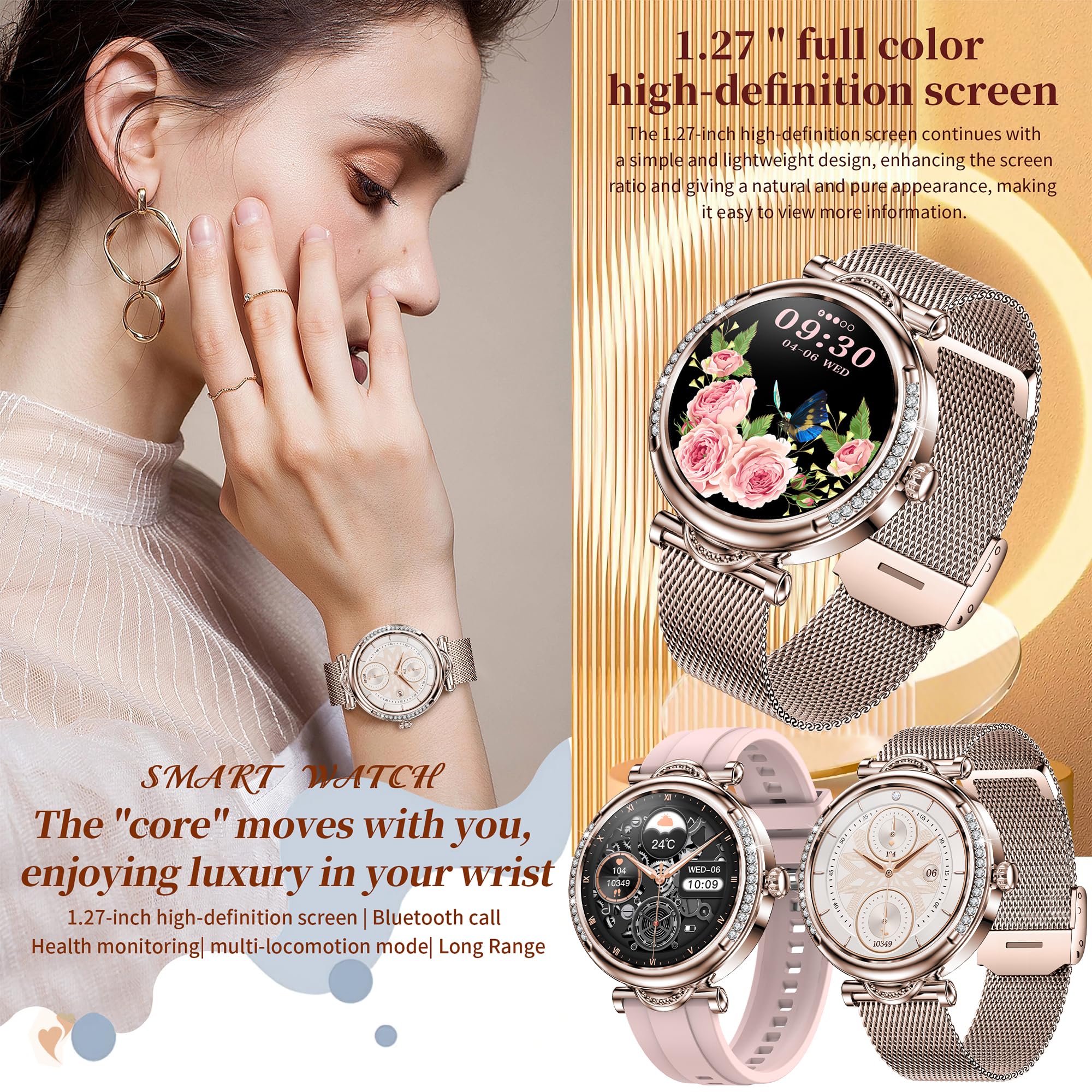 Reloj Inteligente Mujer con Llamada y Whatsapp, 1,27" IP68 Impermeable Reloj Smartwatch Mujer con 123 Deportivo, Diamante, Monitor Sueño, Oxígeno Sanguíneo, Podómetro, Pulsómetro Android iOS (Oro)