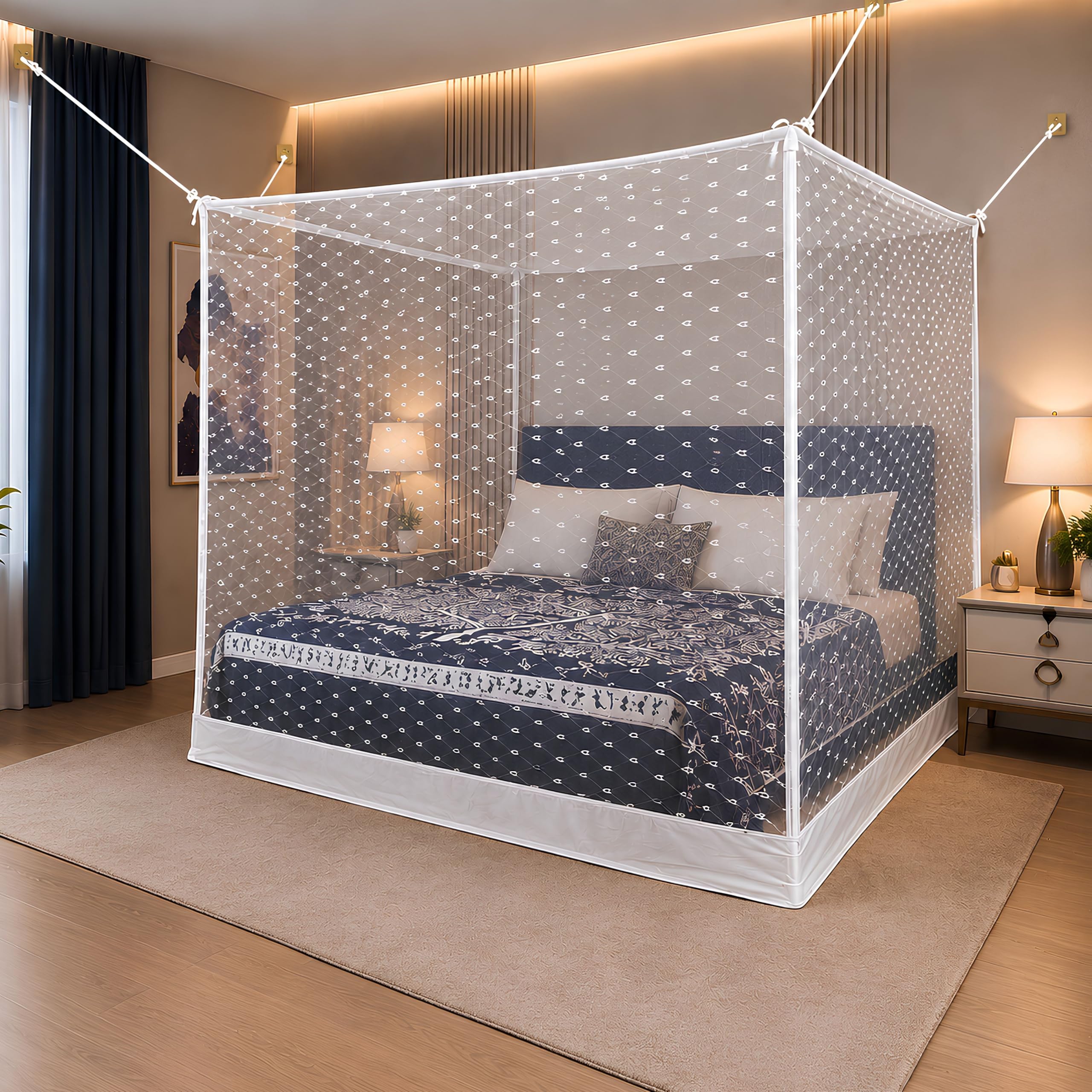 Mosquito Net for King Size Bed & Double Bed (6x7 ft, Wall/Hook Hanging) Poly-Cotton Blend Fabric, Wave Line Pattern, Pre-Fitted Bottom & Cotton Ribbon (Frame Not Included) (Snow White)-image-33