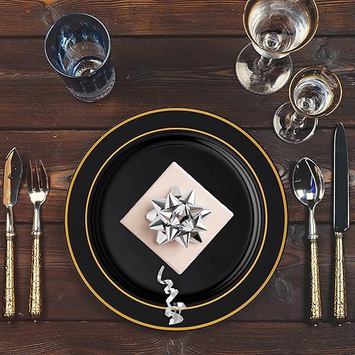 Miniatura 7 de Smarty Had A Party 120 platos de plástico desechables de alta resistencia con borde negro y dorado para bodas, fiestas y eventos, platos llanos