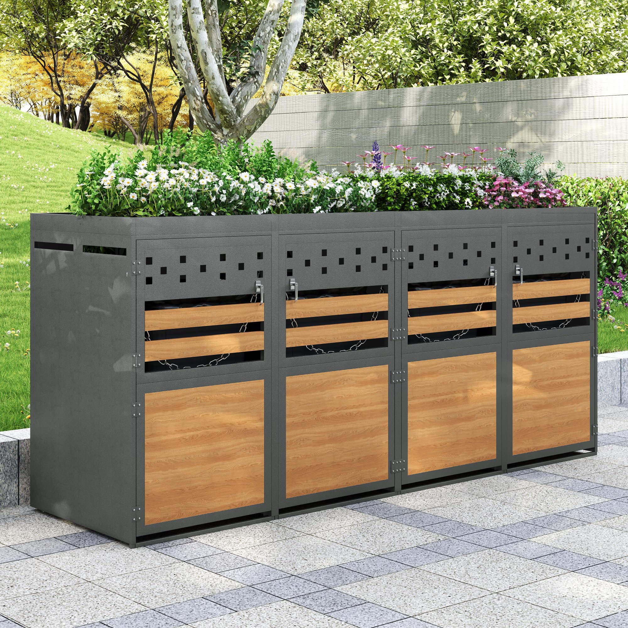 Mülltonnenbox 4-er mit Pflanzdach 120-240 Liter, Mülltonnenverkleidung für Mülltonnen Müllbox, Gartenbox mit Mülltrennsystem, Abschließbar, Pflanzfläche, Holzoptik Türen, Grau