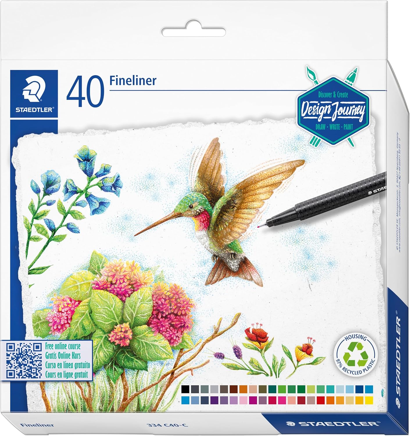 STAEDTLER Fineliner Pens - Design Journey - for Adult Colouring - 40 Assorted Colours - Pack of 40, 334 C40-C