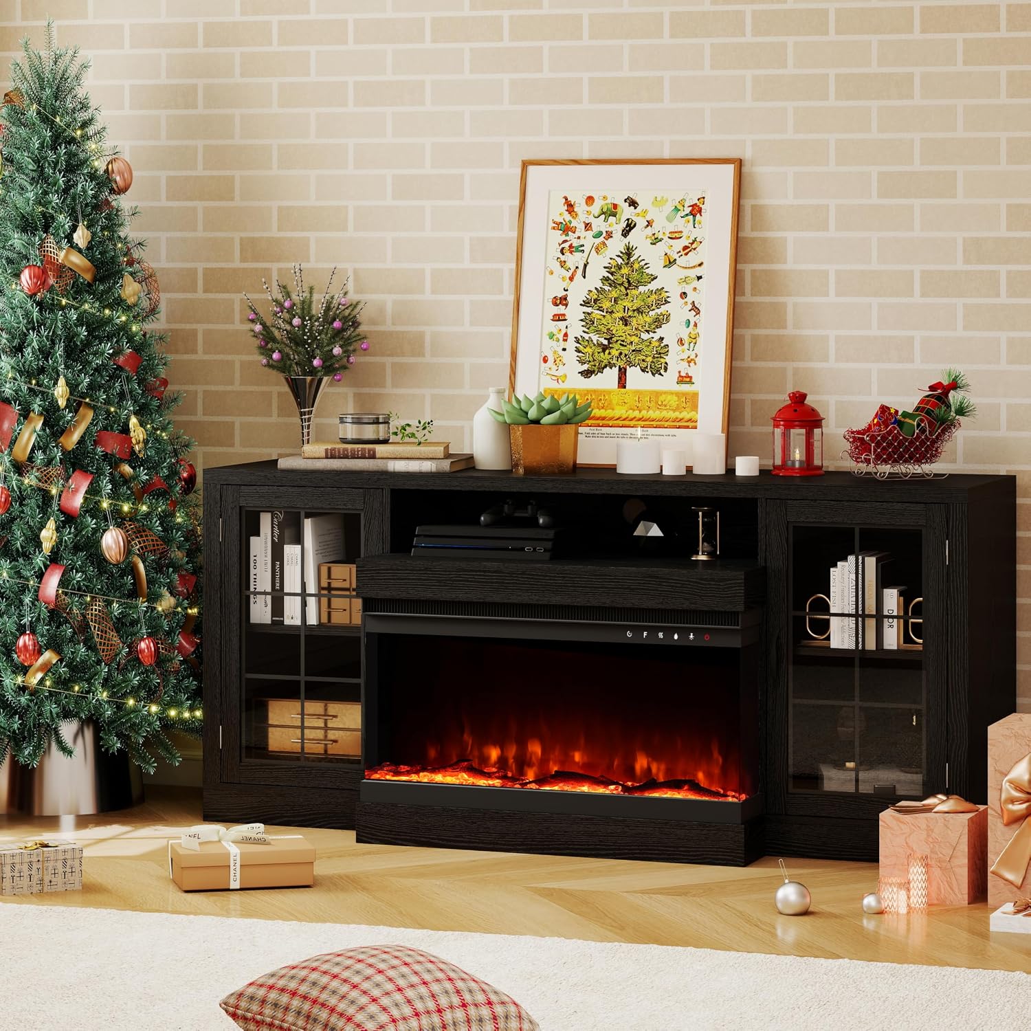 CharaVector 63 inch Fireplace TV Stand for TVs up to 75" with 30" 3-Sided Electric Fireplace, Farmhouse Entertainment Center with Glass Doors & Storage Cabinet, Black