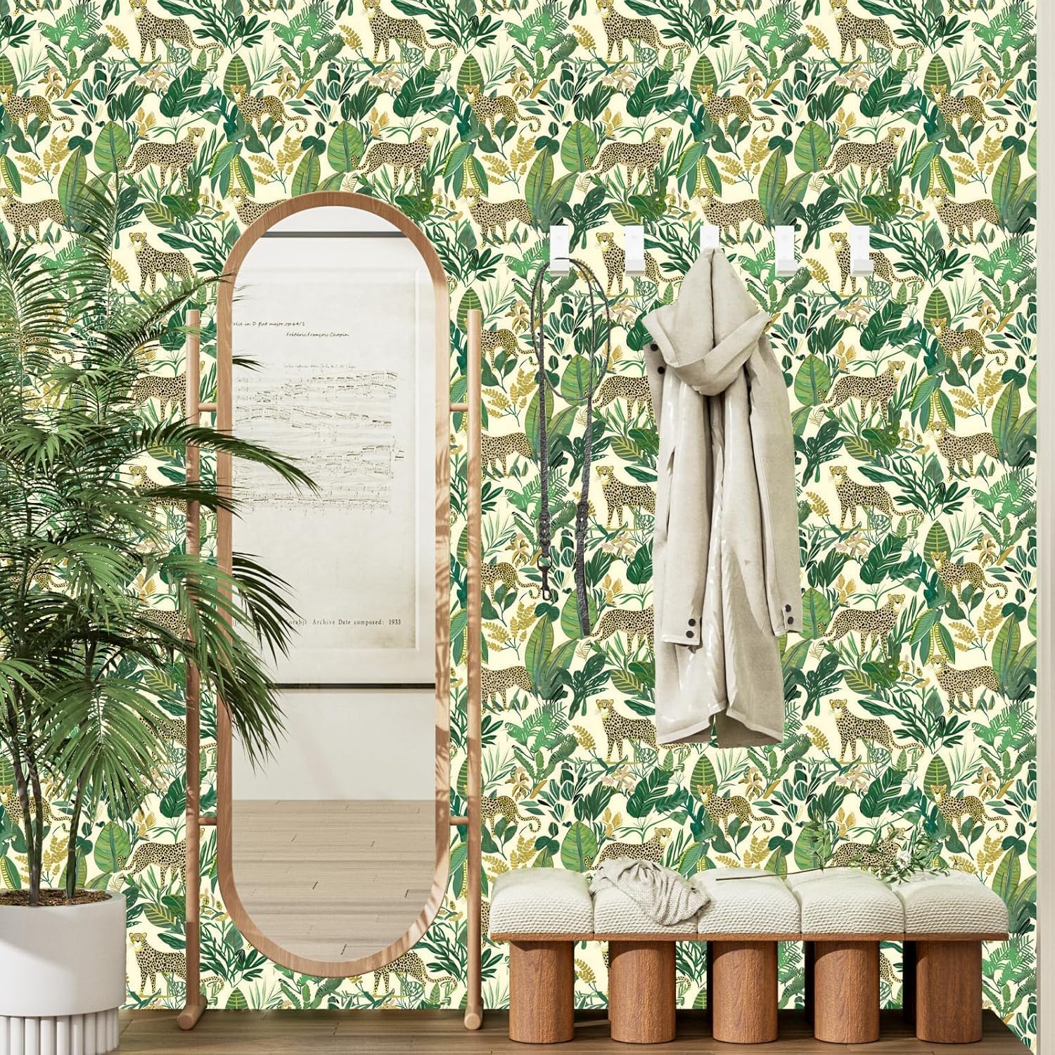 Leopard Wallpaper Peel and Stick Jungle Animal Wallpaper Yellow Leaf Tropical Contact Paper for Cabinet Waterproof Self Adhesive Pink Wall Paper for Kitchen Countertop Wall 17.5" x 393"