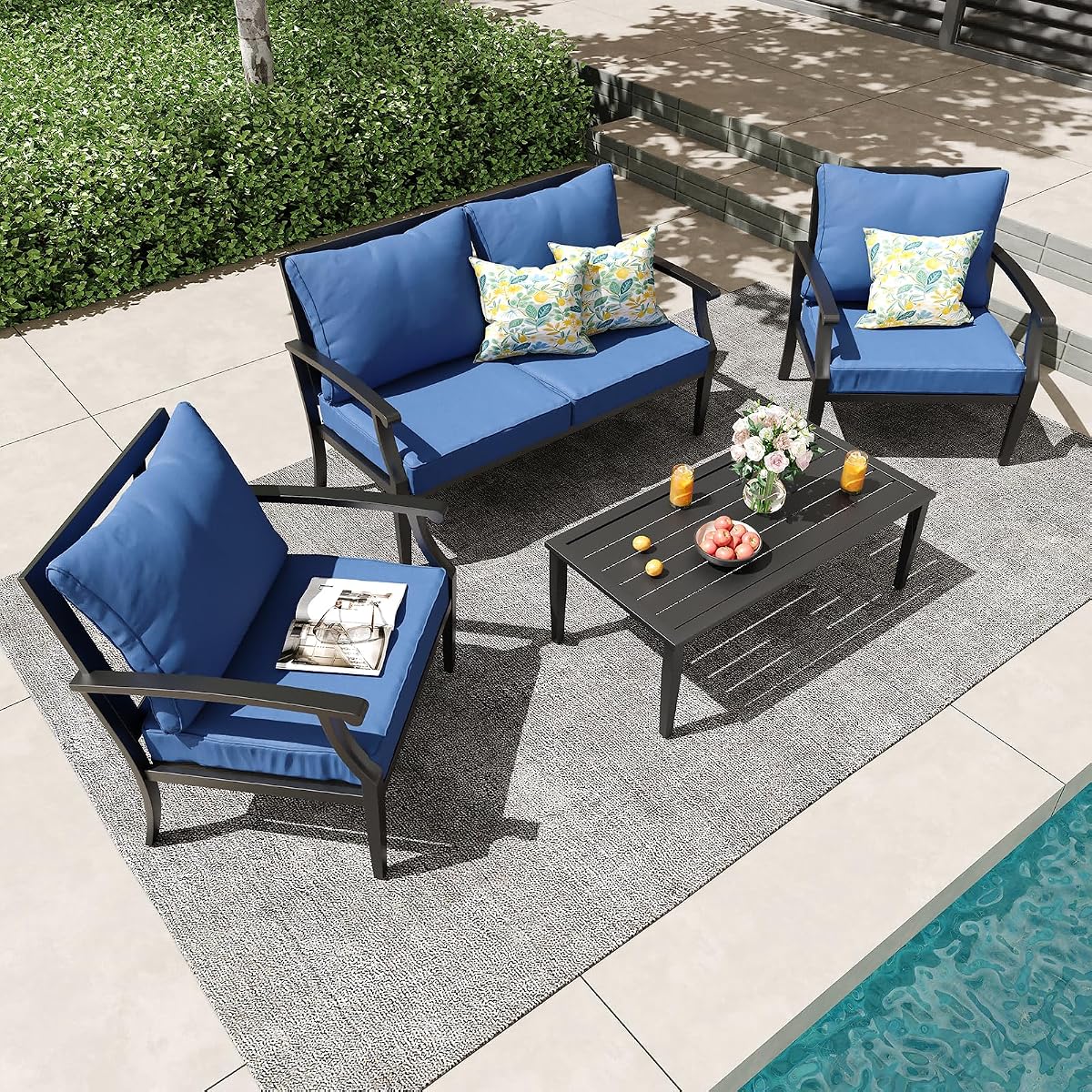 4 Piece Outdoor Patio Furniture Set, Oversized Metal Conversation Set with High Back & Deep Seating, Water-Repellent Cushions, Coffee Table for Porch, Deck, Backyard, Navy