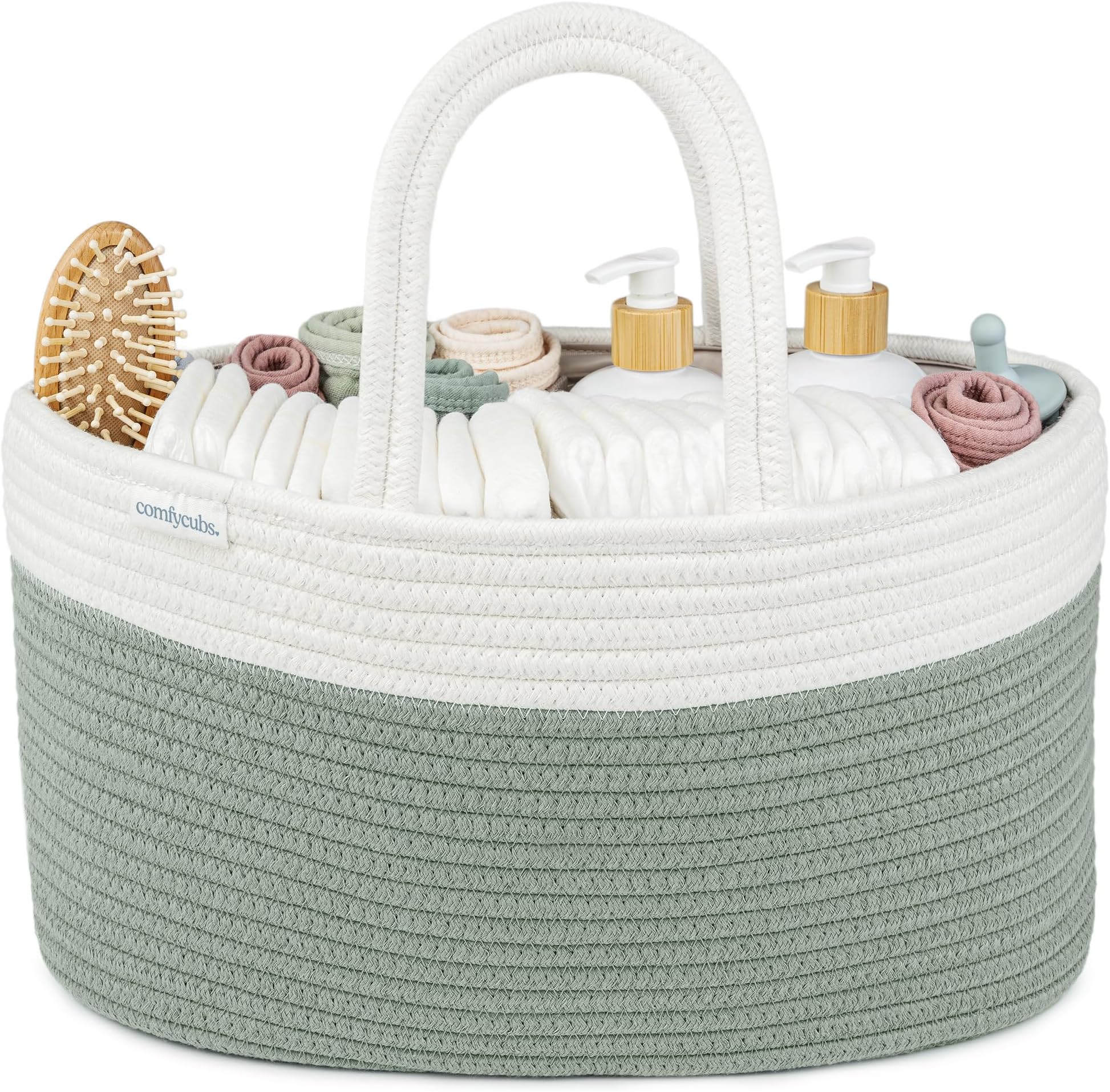 Comfy Cubs Baby Nappy Caddy Organiser 21 x 38 x 21 cm - Large Baby Caddy Organiser with 3 Spacious Compartments - Stylish Cotton Nappy Storage Basket for Home & Travel - Sage