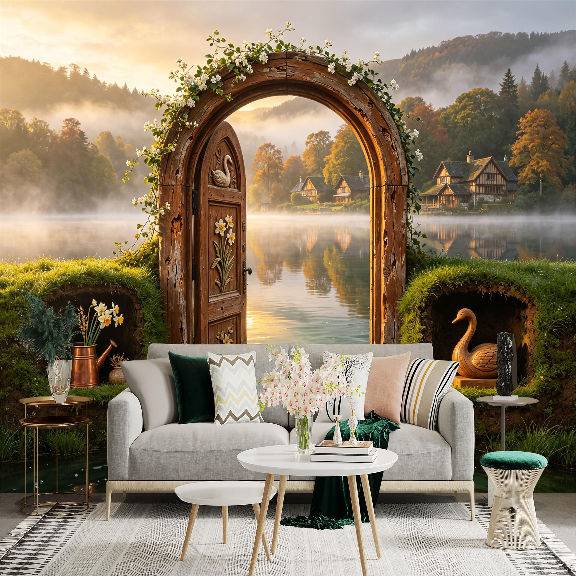 Custom Size Wall Sticker Mural， Rustic Wooden Archway， Misty Lake Village， Swan Garden Landscape， for wall Decoration， peelandstick wall Decals.