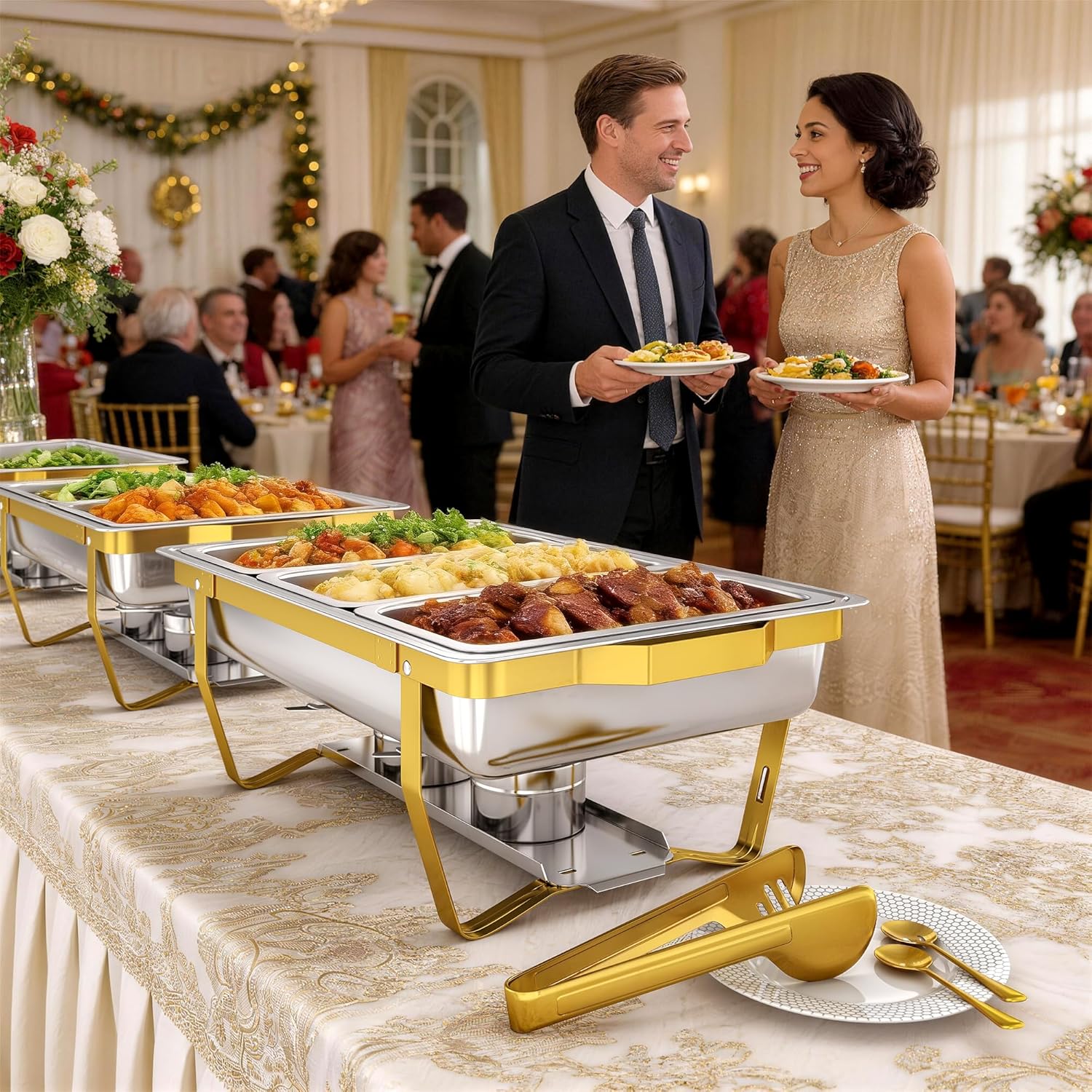 4 Pack Stainless Steel Chafing Dishes for Buffet, 9 QT Capacity with 7 Pans and Serving Utensils Food Warmers for Parties, Weddings, Events Hosting, Family Gatherings,Upgraded Base Design