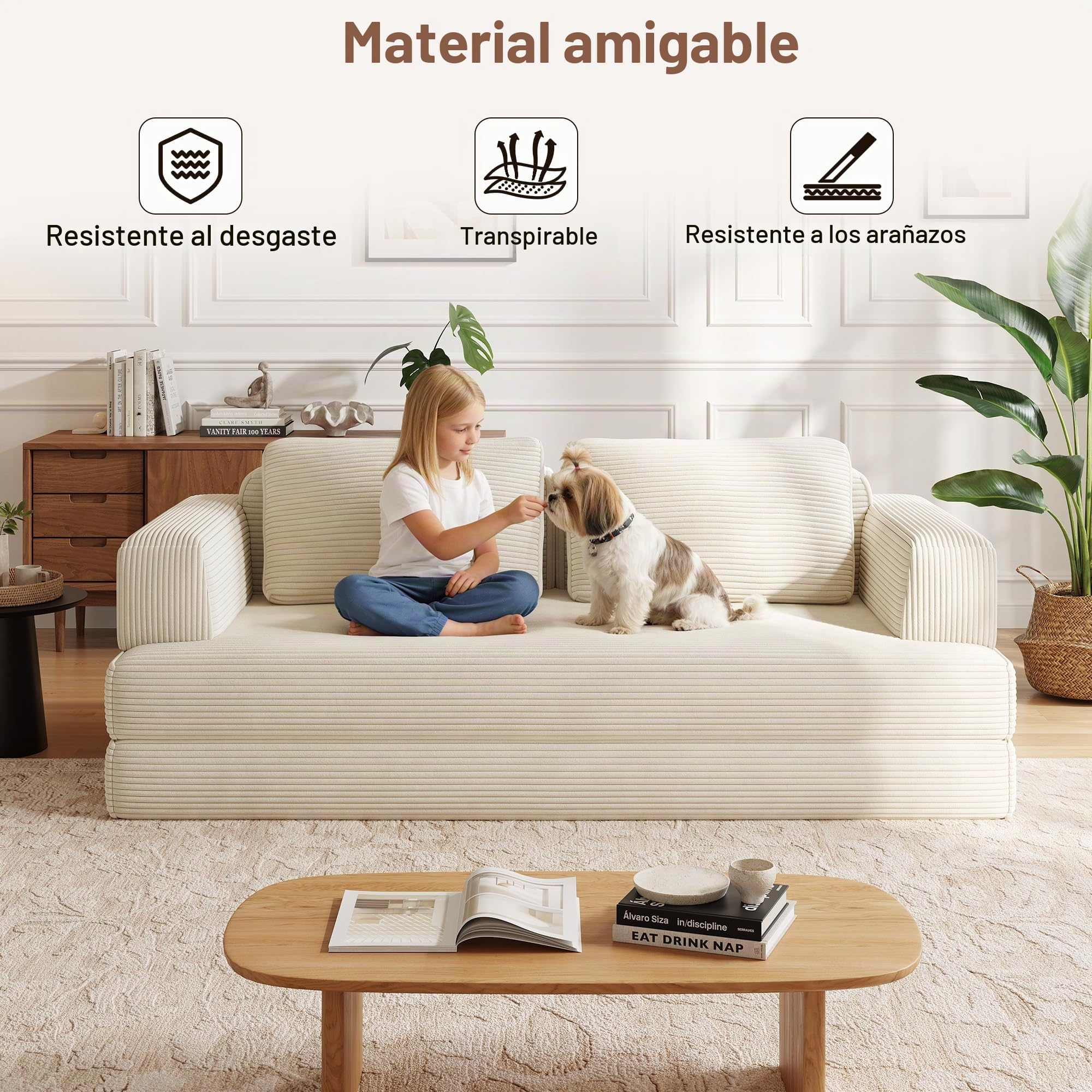 Sofá Cama 2 Plazas 160 cm, Sofá de Suelo Modular con Función de Dormir, Sofá de Nubes de Pana con Cojín para Sala de Estar y Dormitorio (Blanco)