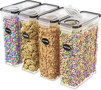 DWËLLZA KITCHEN Cereal Containers Storage 4L Set of 4 Airtight Food Storage Containers with Lids Cereal Dispenser Countertop Pantry Organization Canister for Rice Flour & Sugar 1 Marker 8 Labels