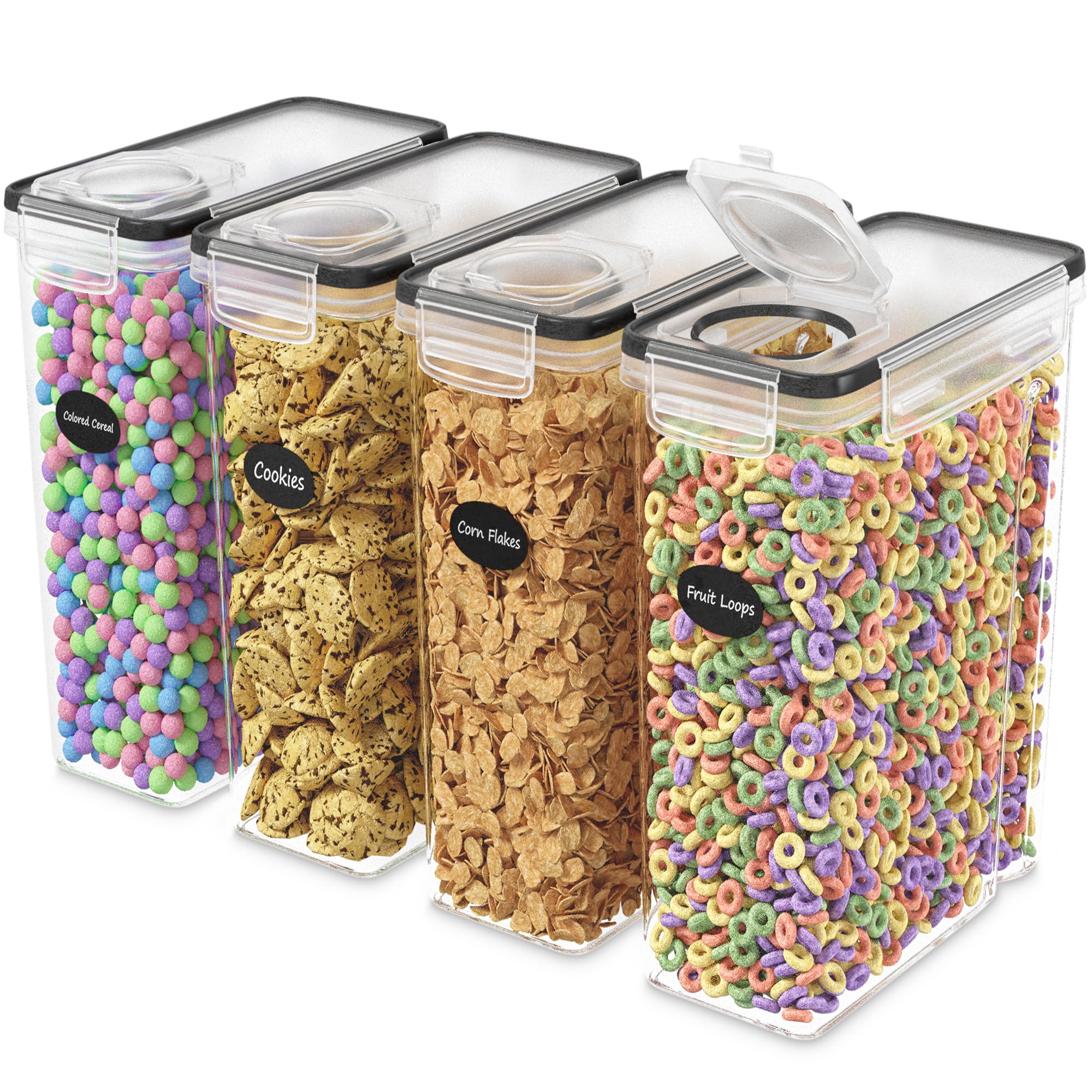 DWËLLZA KITCHEN Cereal Containers Storage 4L Set of 4 Airtight Food Storage Containers with Lids Cereal Dispenser Countertop Pantry Organization Canister for Rice Flour & Sugar 1 Marker 8 Labels