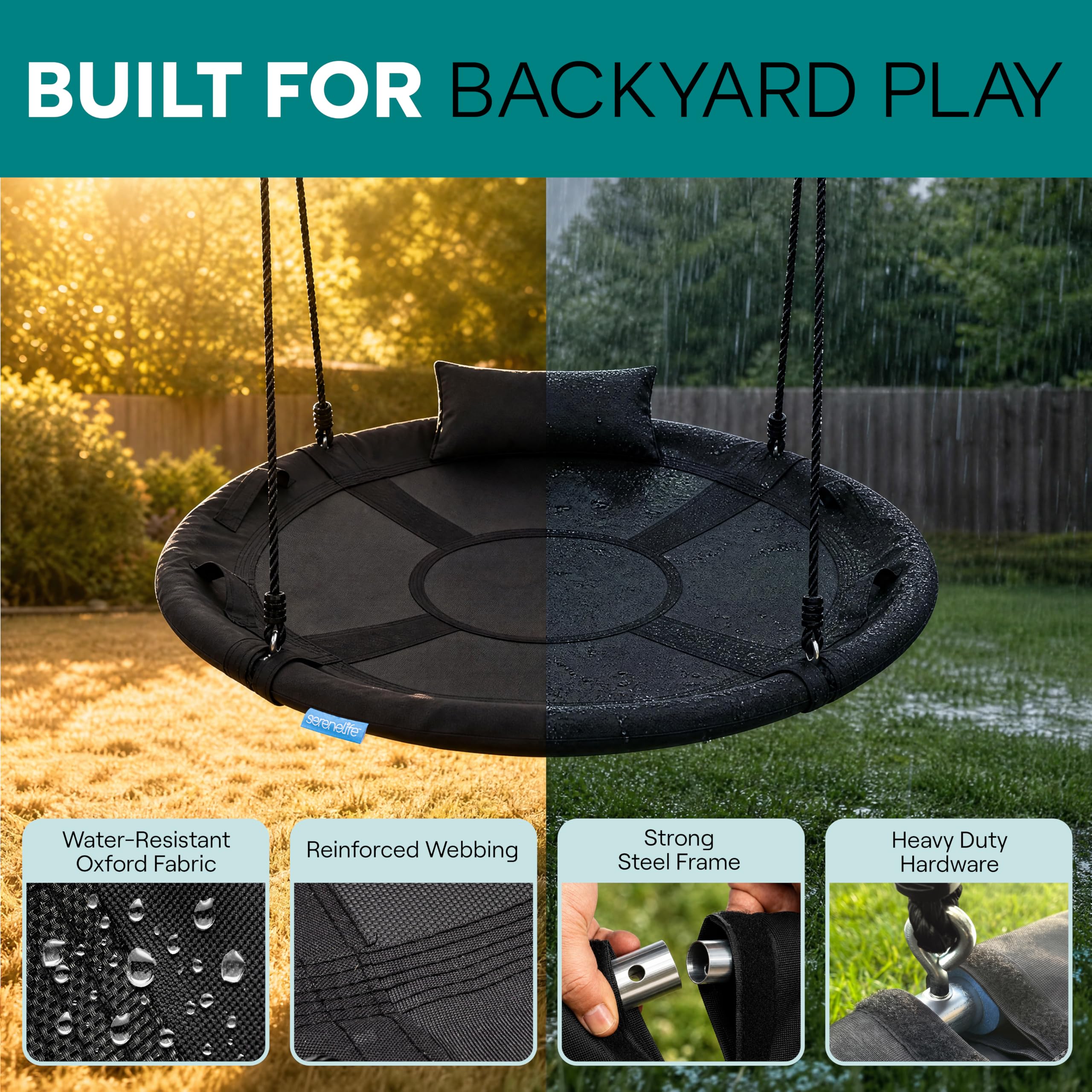 SereneLife Balançoire Nid Géante 100 cm, kit Suspension & Pivot Central, balançoire rondearbre extérieure, Cordes, Cadre Acier, siège Polyester pour Enfants – Noir