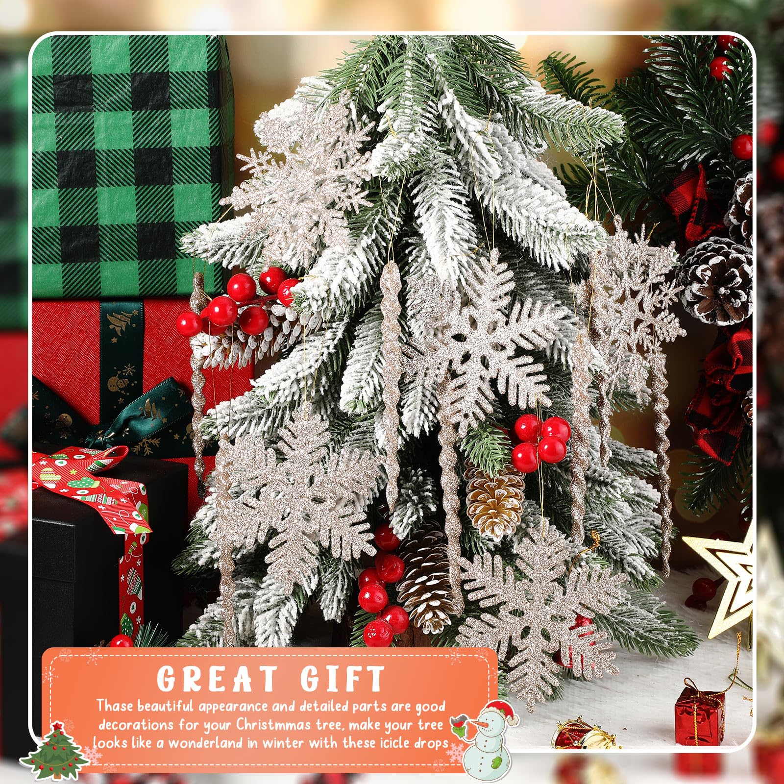Deekin 72 Stück Schneeflocke gedrehtes Eiszapfen Ornament Set Glitzer Weihnachtsbaum Schneeflocke Spiralstreifen Behänge für Urlaub Party Hochzeit Dekorationen Winter Weihnachten Weihnachtsbaum