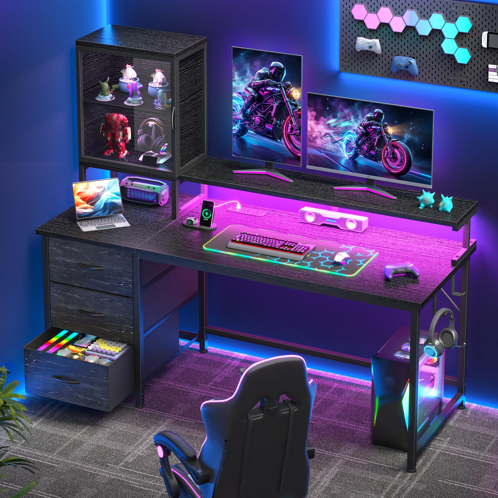 Cliporix Gaming Desk with Power Outlets & LED Lights, 120cm Small Computer Desk with Drawers & Monitor Stand & Acrylic Display Case & Headphone Hook, Reversible Corner Gaming Table for Work, Black