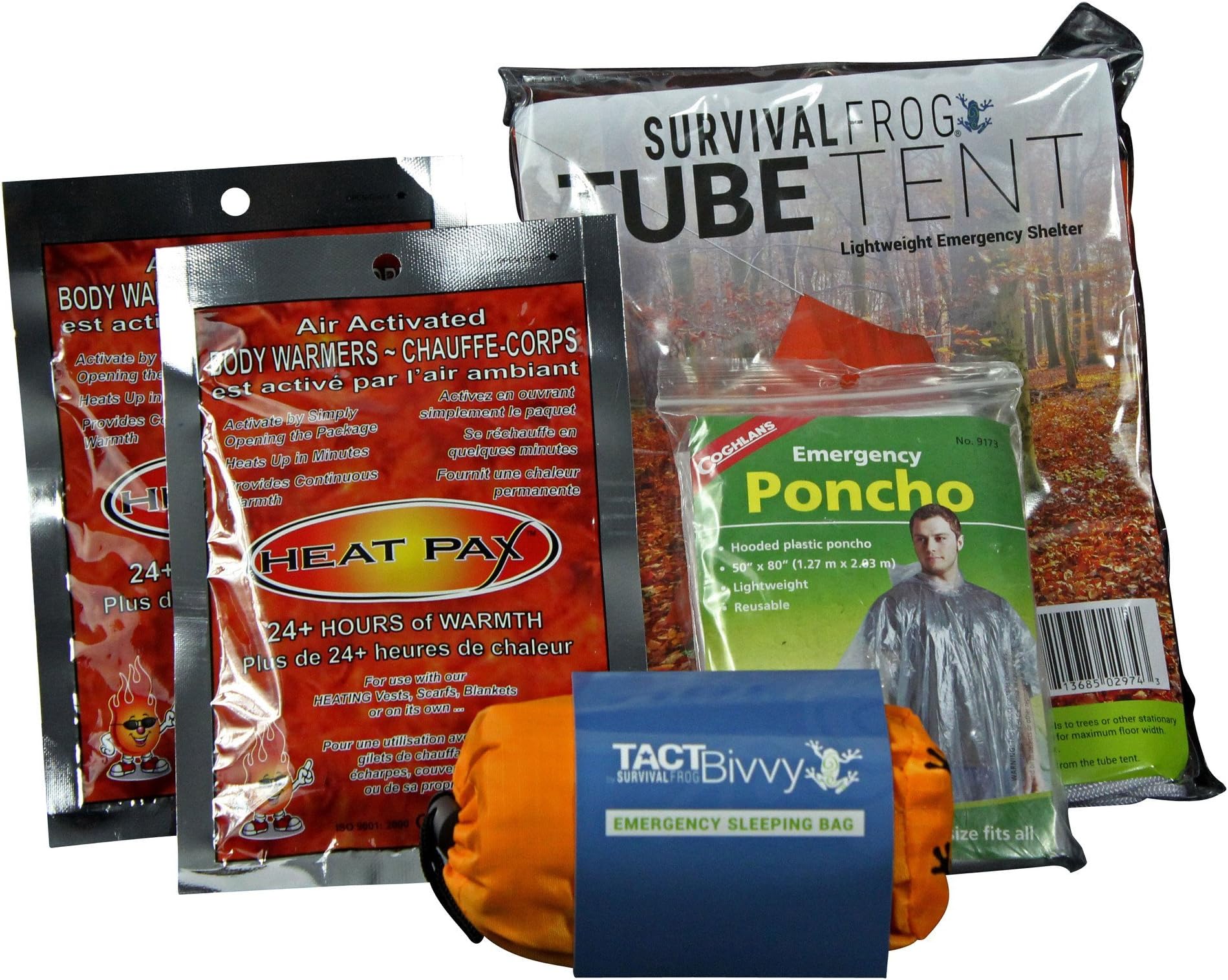 LifeShield Warmth & Outdoor Shelter Kit by Frog & CO - Hand Warmers, Poncho, Tact Bivvy & Tube Tent Shelter
