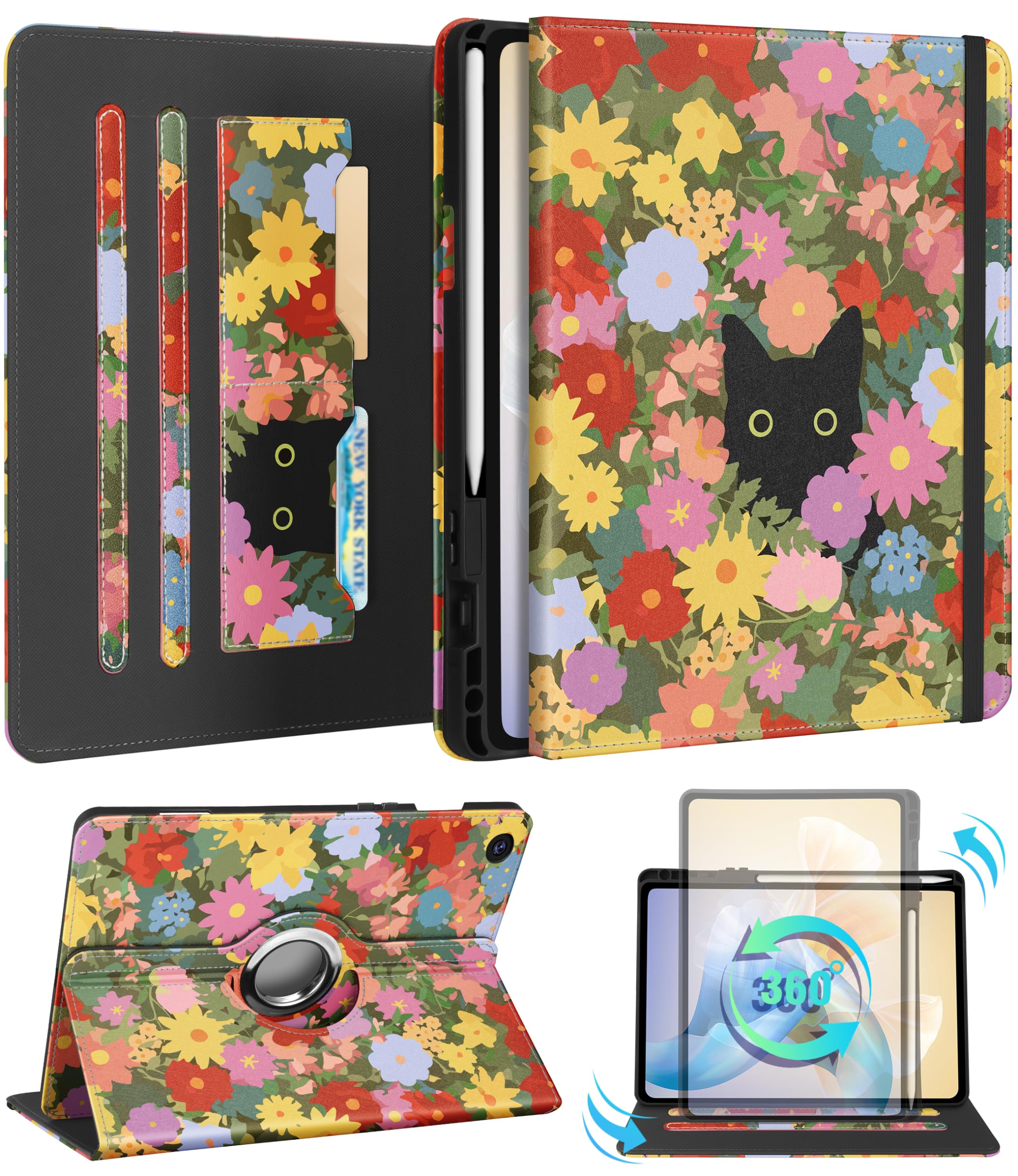 Kidcube for Samsung Galaxy Tab A9 Plus Case 11 Inch - for Women Girls Cute Rotating Stand Folio Cover with Pencil Holder & Card Slot Girly Kawaii Cat