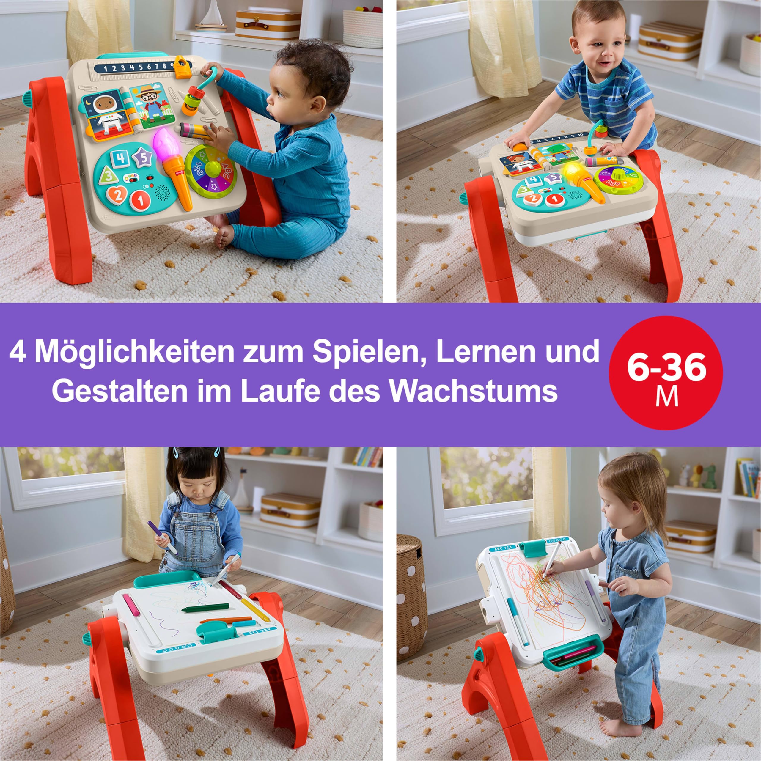 Fisher-Price Lernspaß-Spielzeug für Babys und Kleinkinder, entwicklungsfördernder 4-in-1 Spieltisch und Staffelei mit Musik ab 6 Monaten, mehrsprachige Version, JGW87