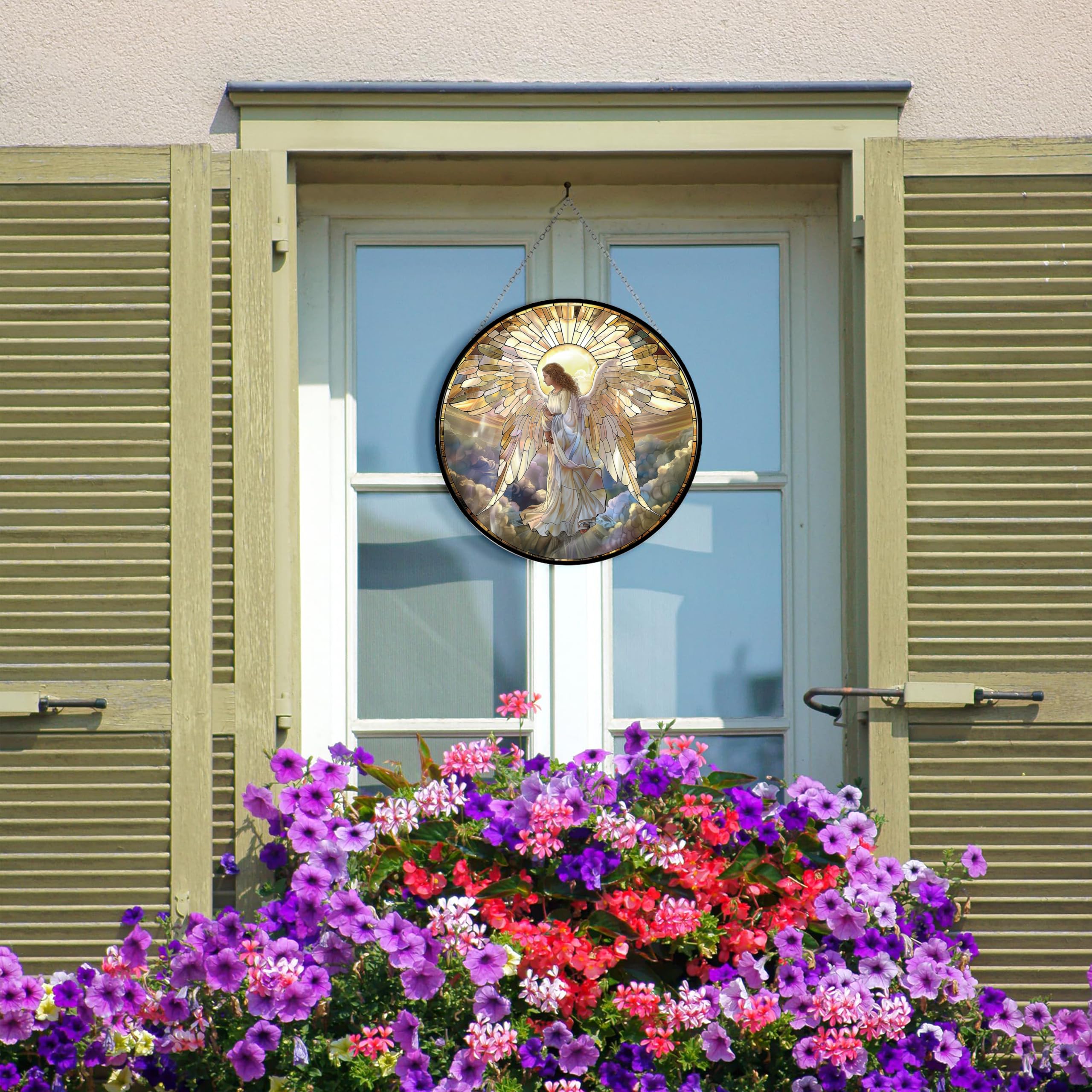 Engel-Pilz-Buntglas-Fensterbehang, 24,8 cm, Sonnenfänger, Glasscheibe, Boho-Wandkunst, Dekor mit Kette, handbemaltes, rundes Glas, Geschenke für Paare, Einweihungsgeschenk