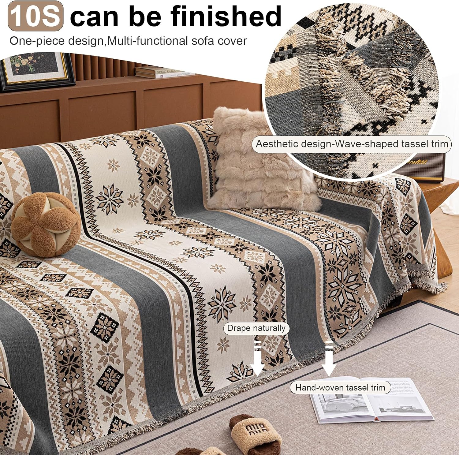 ROOMLIFE Couch Cover 3 Cushion Sofa, Washable Non Slip Furniture Sofa Protector Cover, Soft Chenille Sofa Slipcovers Sectional L Shape Dogs Couch Cover Throw Blanket with Tassels 71''X118''