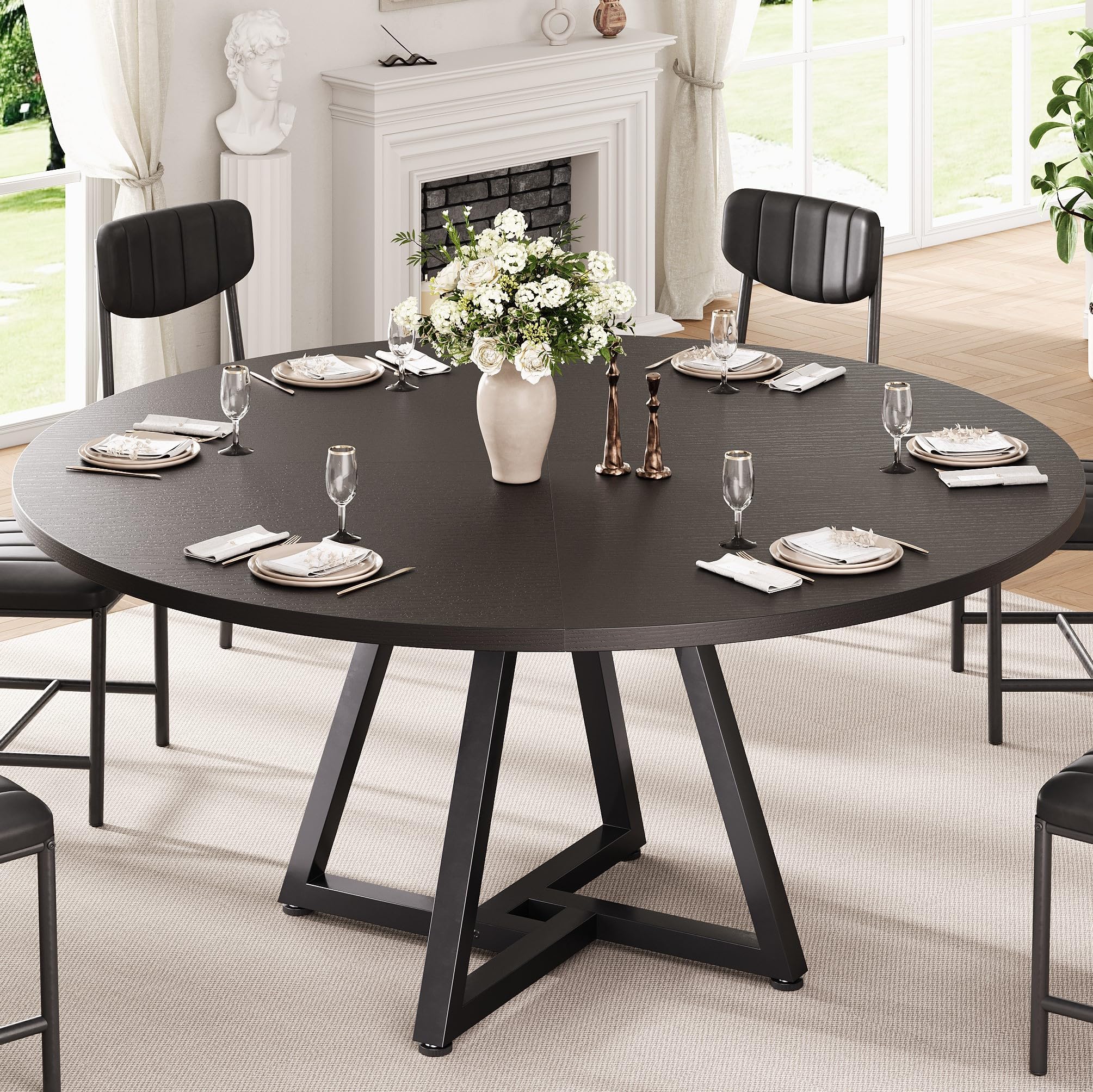 51“ Round Kitchen Dining Room Table for 6-8, Circle Dining Dinner Table with Pedestal Metal Frame, Space Saving Wood Industrial Furniture for Small Space (Black, 51In)