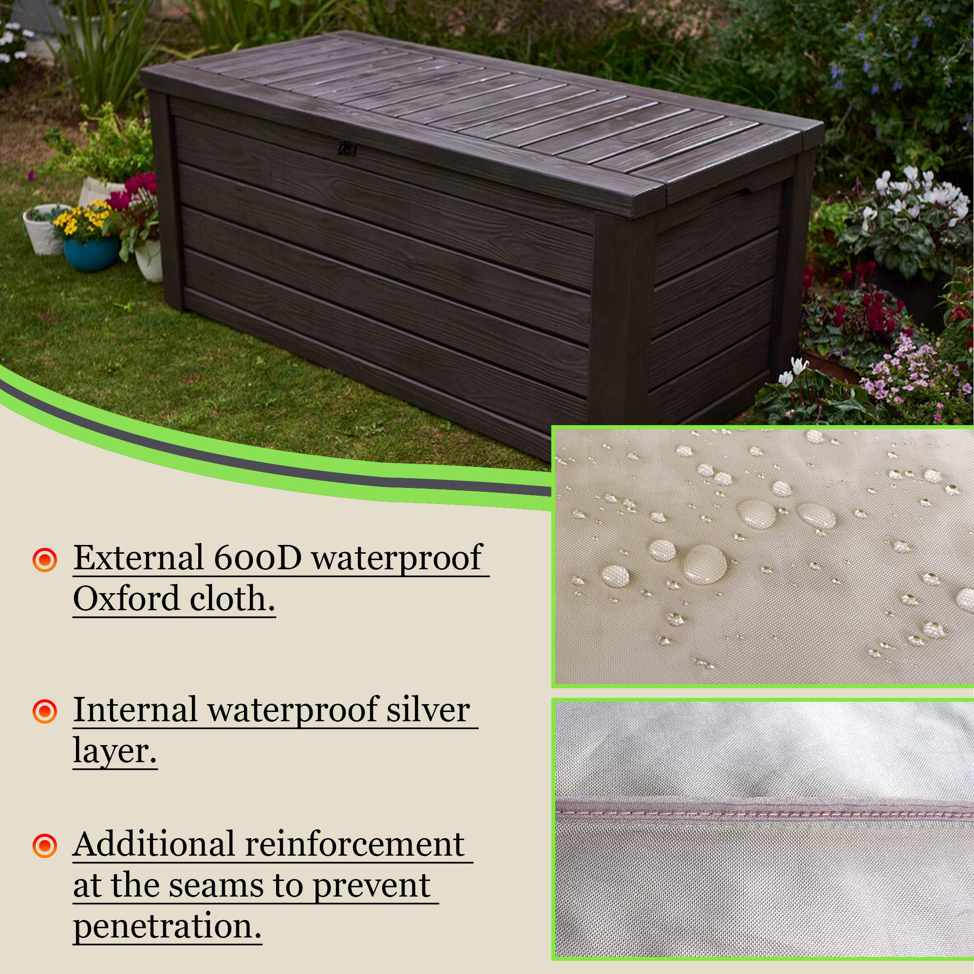 Abdeckung für Aufbewahrungsboxen, Gartenbox wasserdicht, Rip-Stop und witterungsbeständig,rechteckige Deckbox-Abdeckung S-123cm x 62cm x 55cm