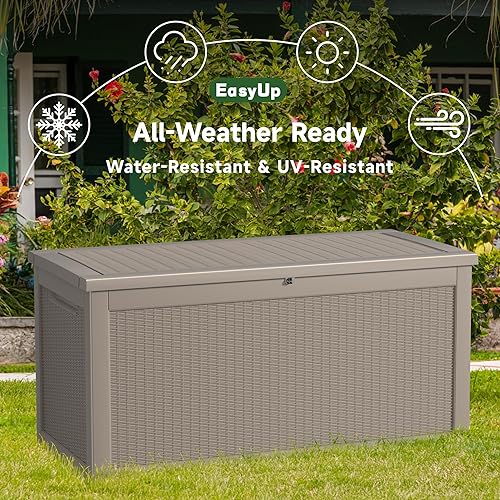 Vista 74 de EasyUp Caja de almacenamiento para exteriores de 230 galones, impermeable, resistente a los rayos UV, con varilla hidráulica, estabilidad reforzada