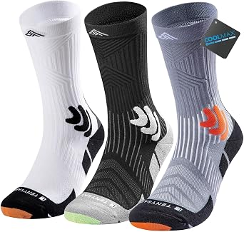 Mens Compression Running Socks Coolmax Athletic Crew Socks Moisture Wicking Anti-Blister Cushion for Hiking 3 Pairs