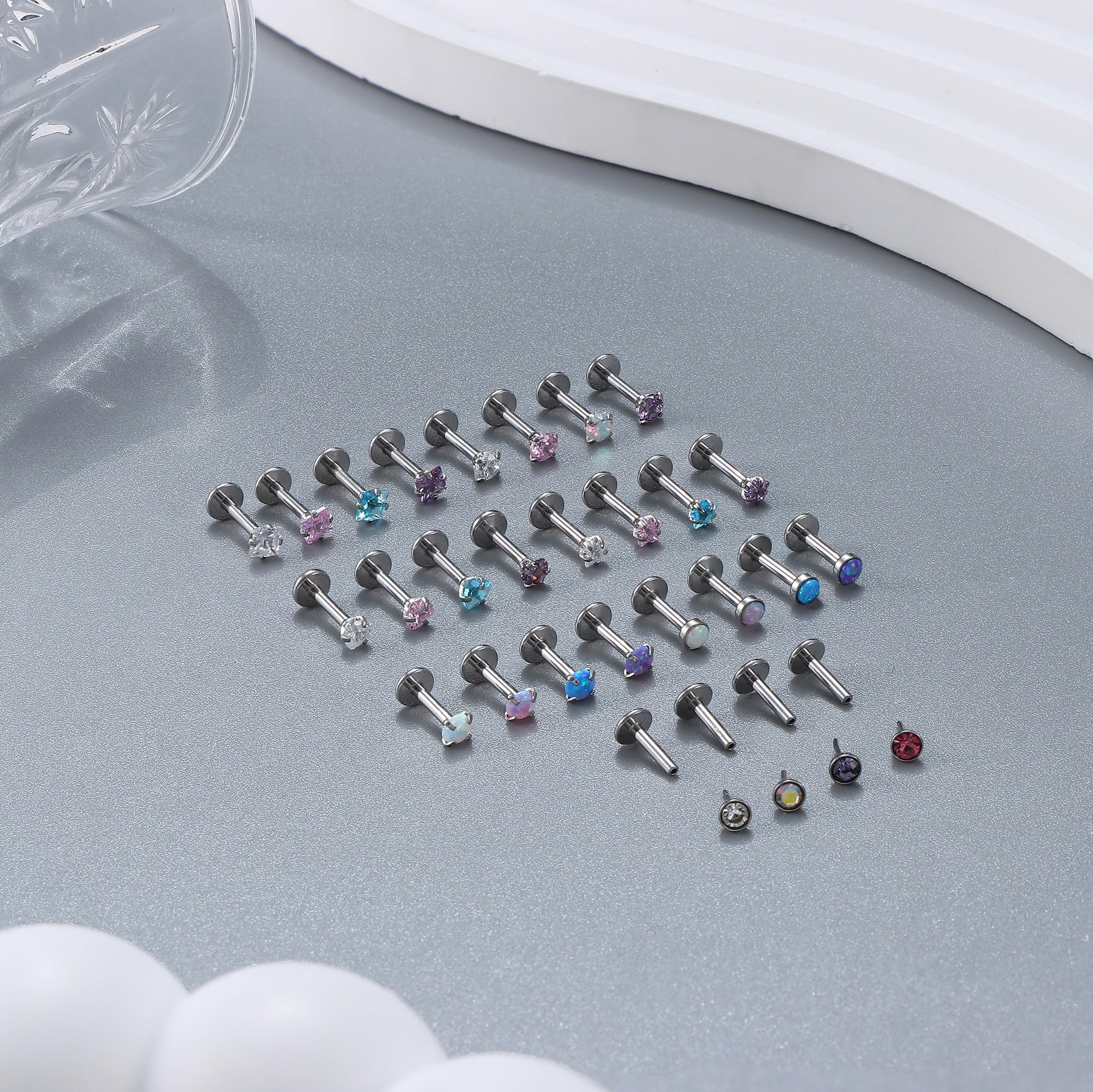 Adramata 28Pcs Nasenpiercing Stecker Chirurgenstahl Lippenpiercing Gewindeloses Einschieben Monroe Medusa Labret Piercings Set Klein CZ Opal Piercing Ohr Conch Tragus Piercing Helix Piercings