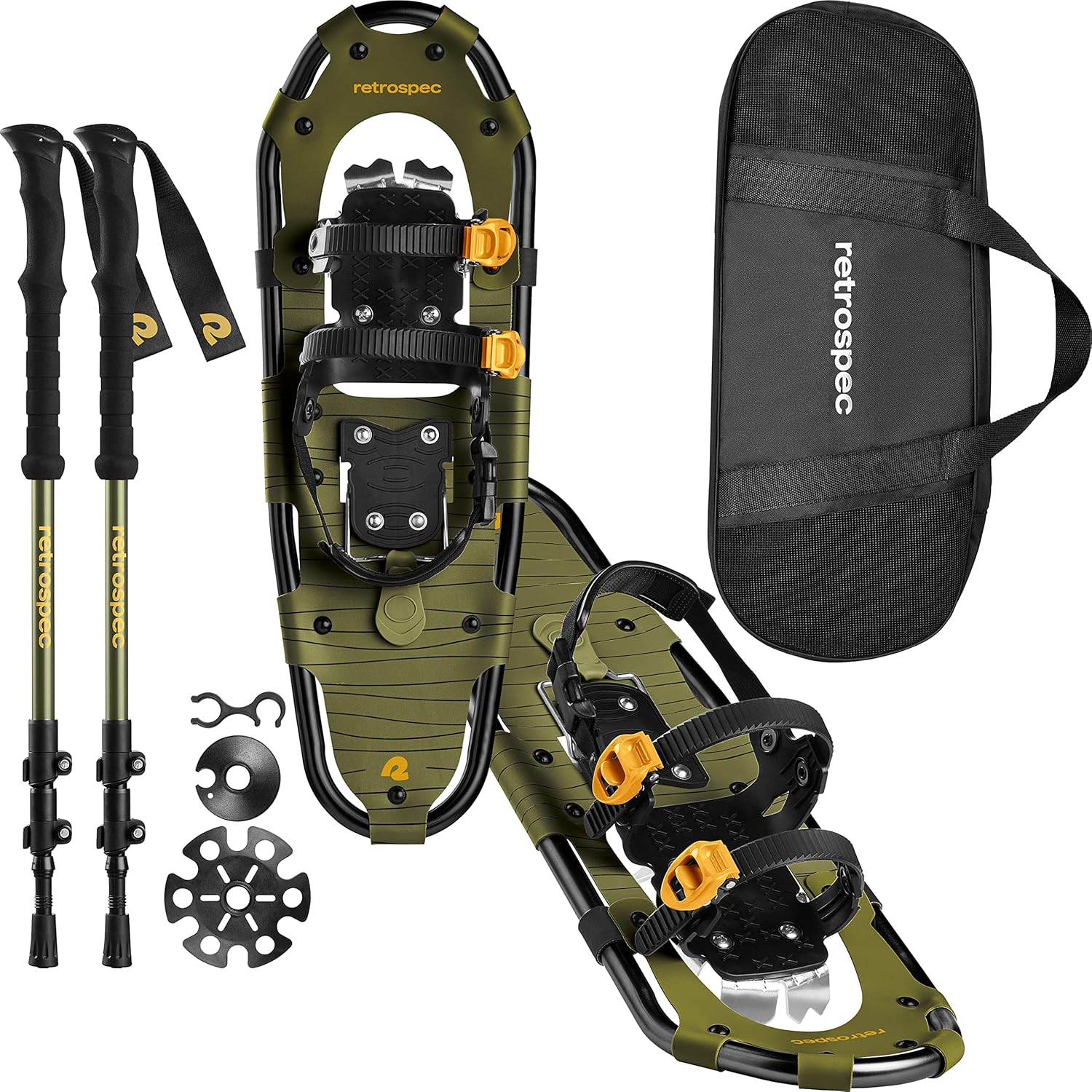 Retrospec Drifter 21/25/30 Inch Snowshoes & Trekking Poles Bundle for Men, Women, and Youth - Durable All Terrain with Adjustable Binding, Carry Bag and Lightweight Aluminum Walking & Hiking Poles Olive 25" Snowshoe Bundle