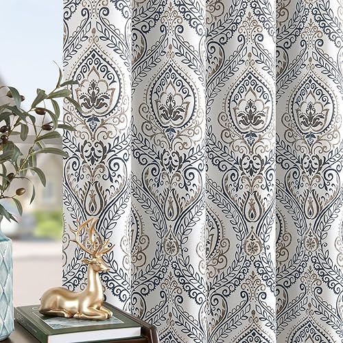 Miniatura 2 de JINCHAN - 2 cortinas 100% opacas de 63 pulgadas de largo, con estampado de damasco con medallones de color azul, ojales y aislamiento térmico,