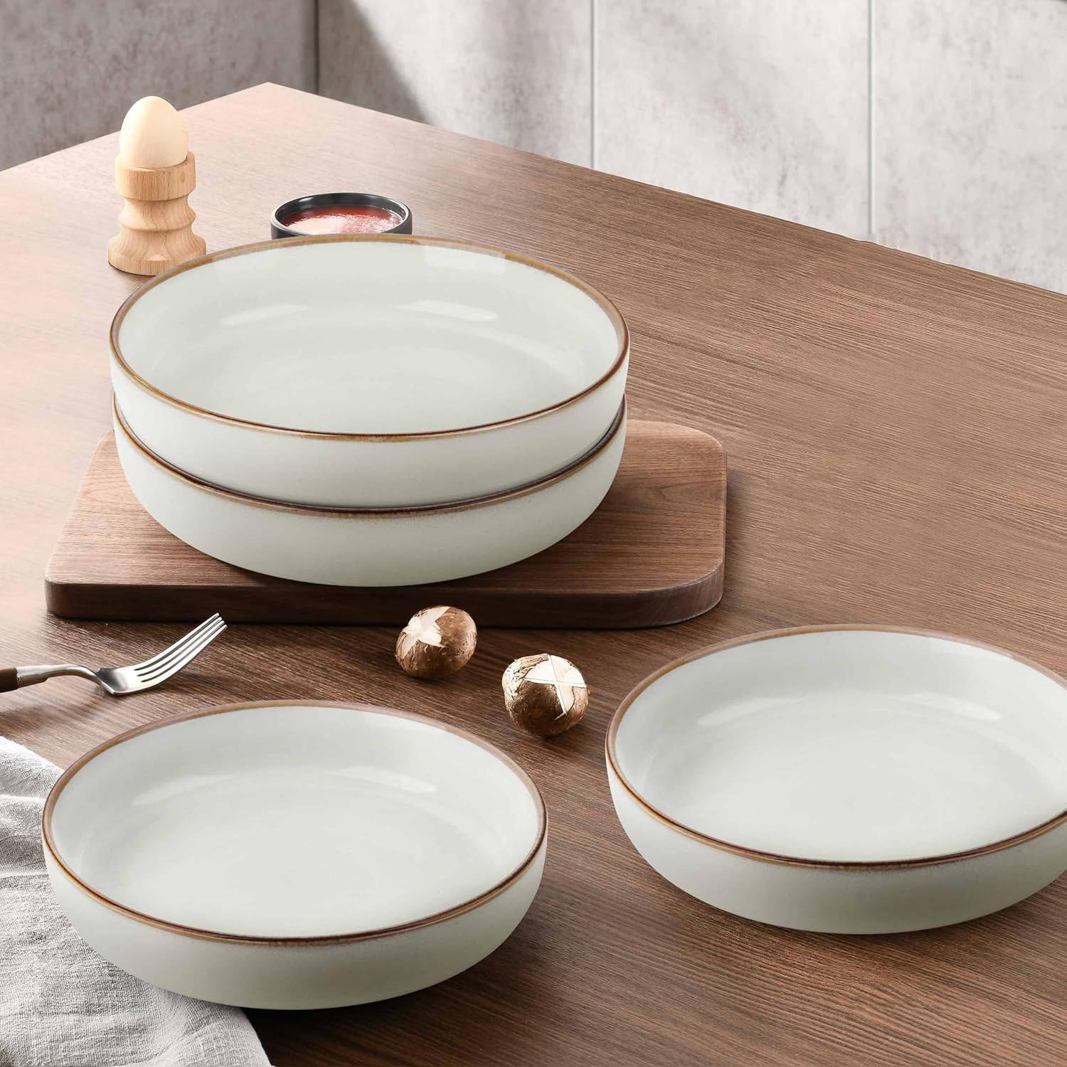 Herogo Stoneware Pasta Bowls Set of 4, 37 Ounce Large Wide Shallow Plates and Stackable Serving Bowls Sets for Salad Soup Cereal, Microwave & Dishwasher Safe, Ivory White