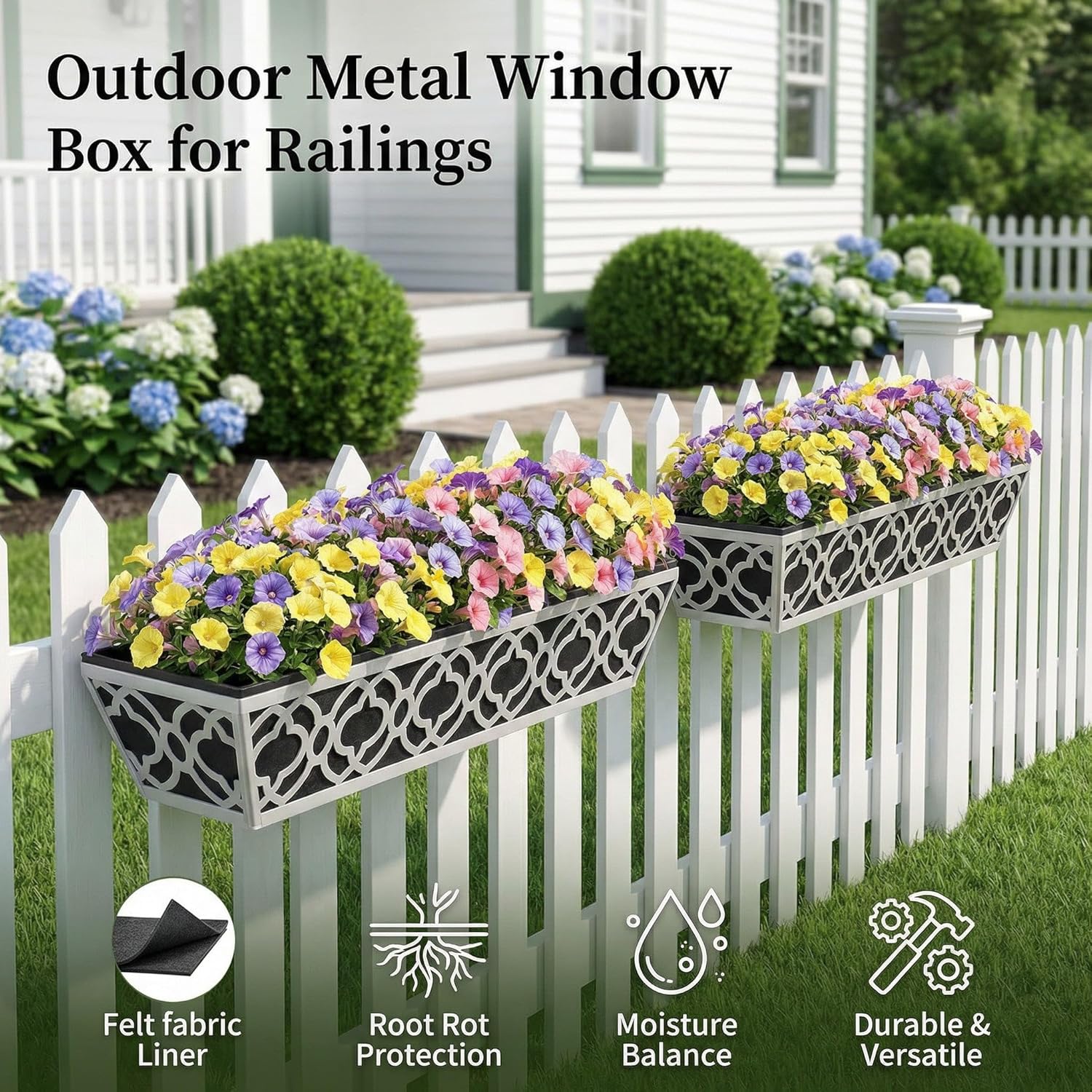 4 Pack 24 Inch Metal Window Box Planter with Adjustable Brackets & Non-Woven Liner, Deck Railing Hanging Flower Box for Balcony, Fence, Patio, Outdoor Garden