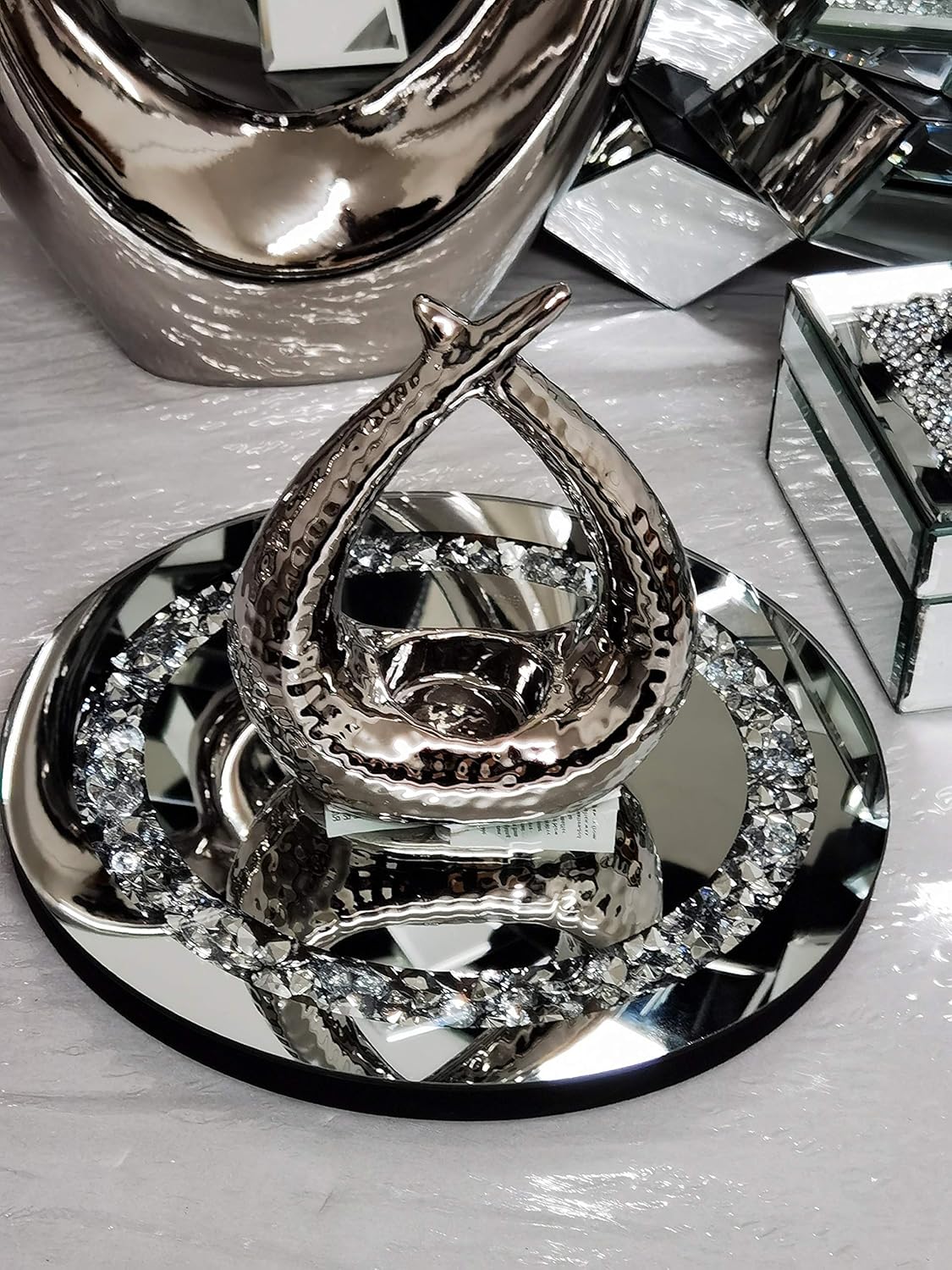 DEENZ 20cm Round Diamante Mirrored Crystal Candle Plate Candle Holder Loose Jewel Candle Holder