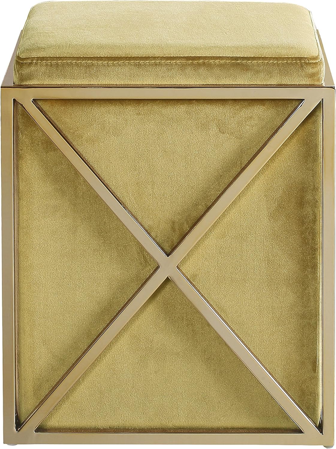 Uр Tо 40% оƒƒ Iconic Home Vana Ottoman Brass Finished Stainless Steel X Frame Square Velvet Bench, Contemporary Modern, Cognac