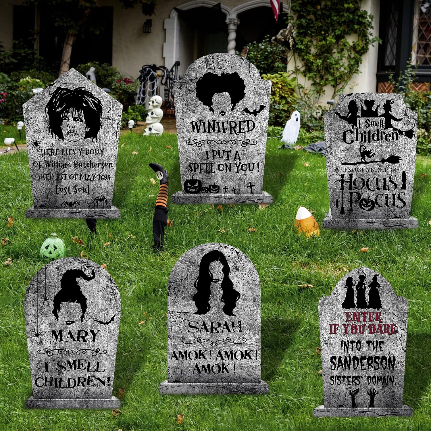 Hocus Pocus Outdoor Halloween Tombstones Decorations, 6Pcs Hocus Pocus Witches Tombstone, Outdoor Halloween Gravestone Yard Signs Decor, Scary Graveyard Yard Signs for Kids Home Party