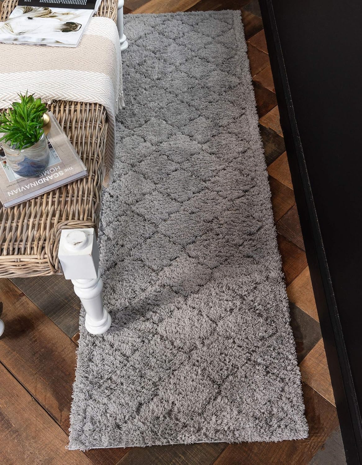 Unique Loom Trellis Shag Collection Plush Geometric Modern Moroccan Lattice Gray Runner Rug (2' x 7')