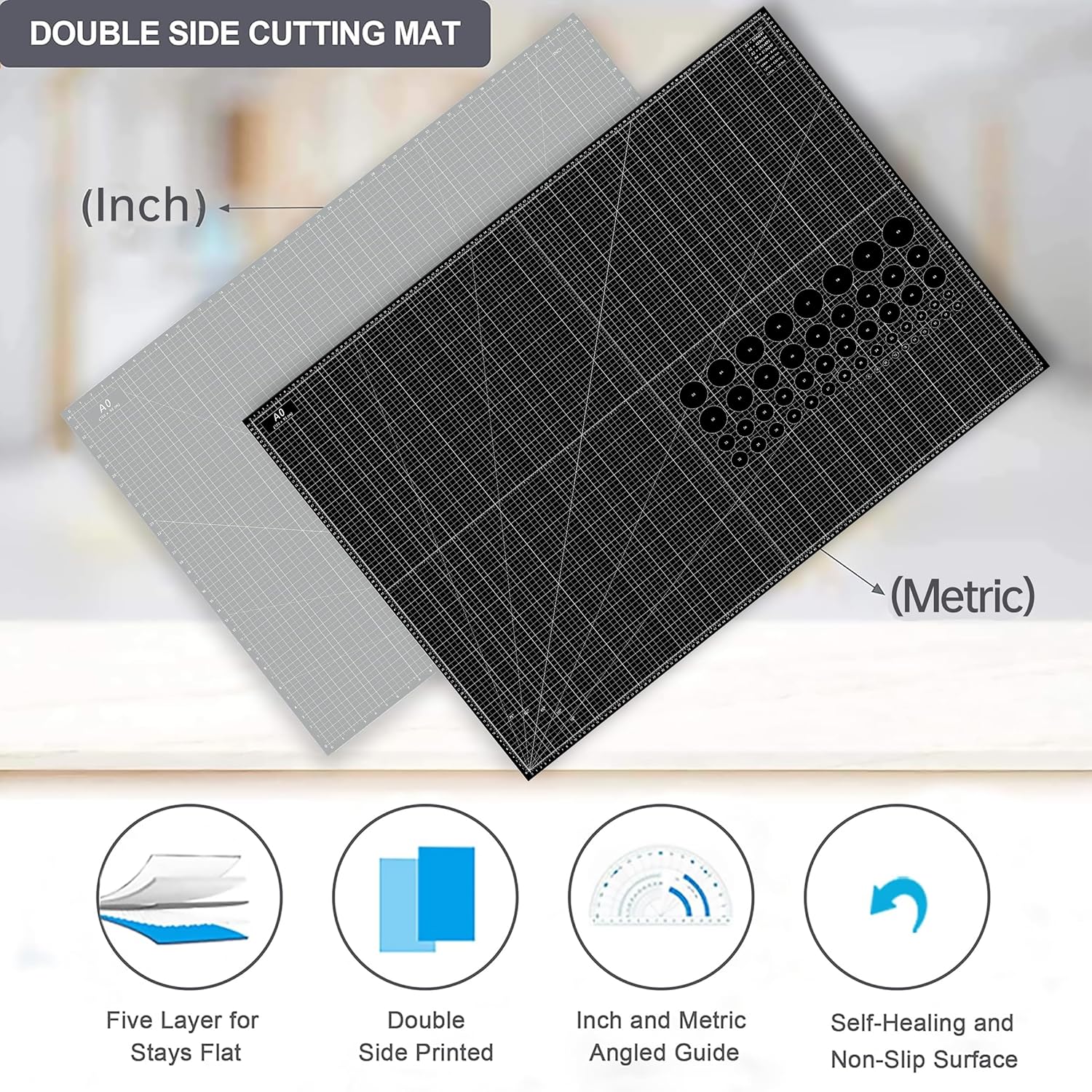 Headley Tools Thickened 36 x 48 Inch Self Healing Sewing Cutting Mat, A0 Rotary Cutting Sewing Mat for Crafts, Double Sided 5-Ply Table Cutting Board for Fabric Quilting Leather Hobby, (Grey/Black)