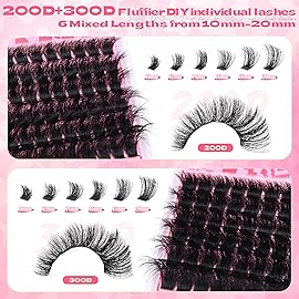 200D+300D Lash Clusters Volume Thick Individual Lashes Fluffy Cluster Eyelash Extensions 10-20MM D Curly Eyelashes Clusters Dramatic Lash Extension Faux Mink Mega Eyelash Clusters by Pleell