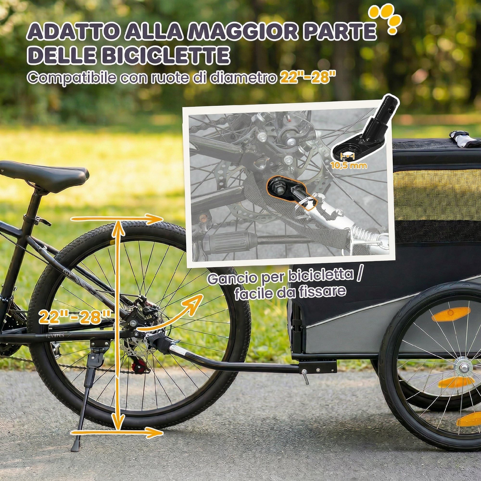 PawHut Rimorchio Bici per Cani Pieghevole con Ruote Gonfiabili a Sgancio Rapido, Ampie Finestre, Carrello Bicicletta Cani Media 20 kg, Catarifrangenti, Guinzaglio, Bandierina, Metallo e 600D Oxford