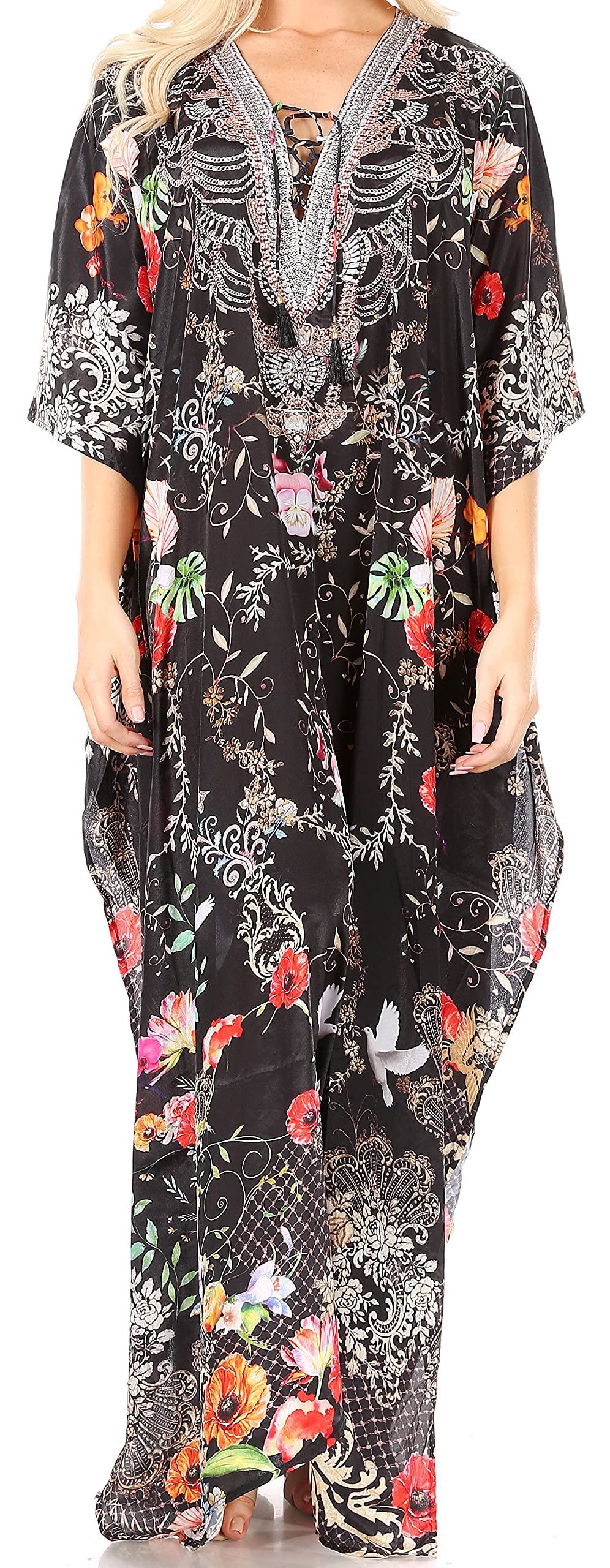 Sakkas Yeni Women's Short Sleeve V-Neck Summer Floral Long Caftan Dress Cover-up