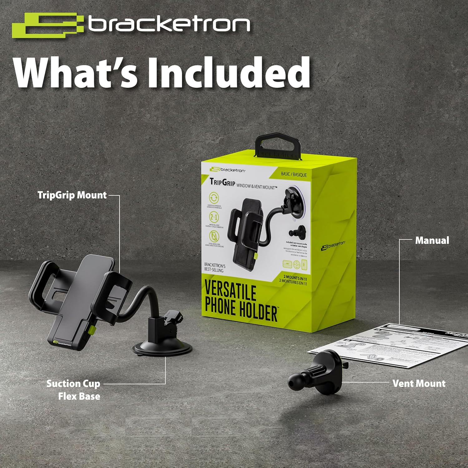 Bracketron TripGrip Window and Vent Mount, GPS Car Mount, Windshield Cell Phone Holder for Car, Includes Vent Clip