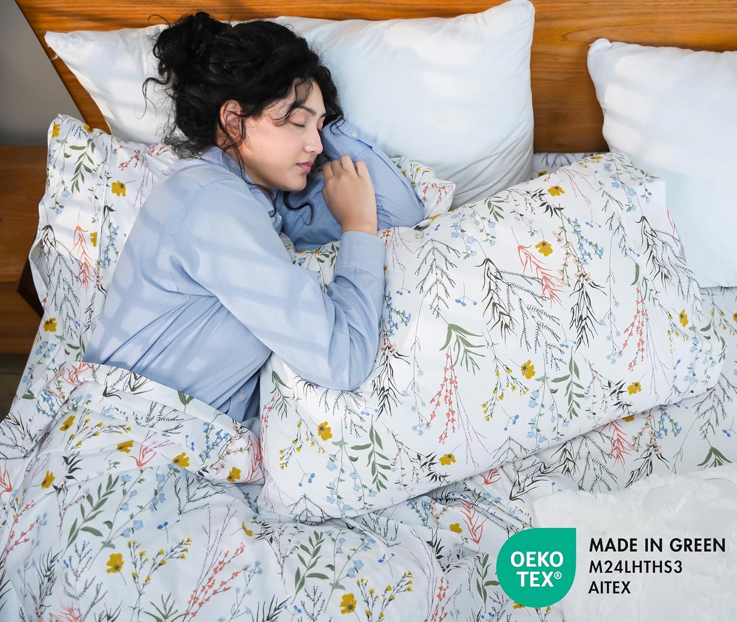 RUVANTI 100% Cotton Sheets – Queen Size Percale Bedding, Cooling & Breathable Floral Design, Durable with a Crisp, Soft & Comfortable Feel, 16" Deep Pocket, 4-Piece Set, Aroma