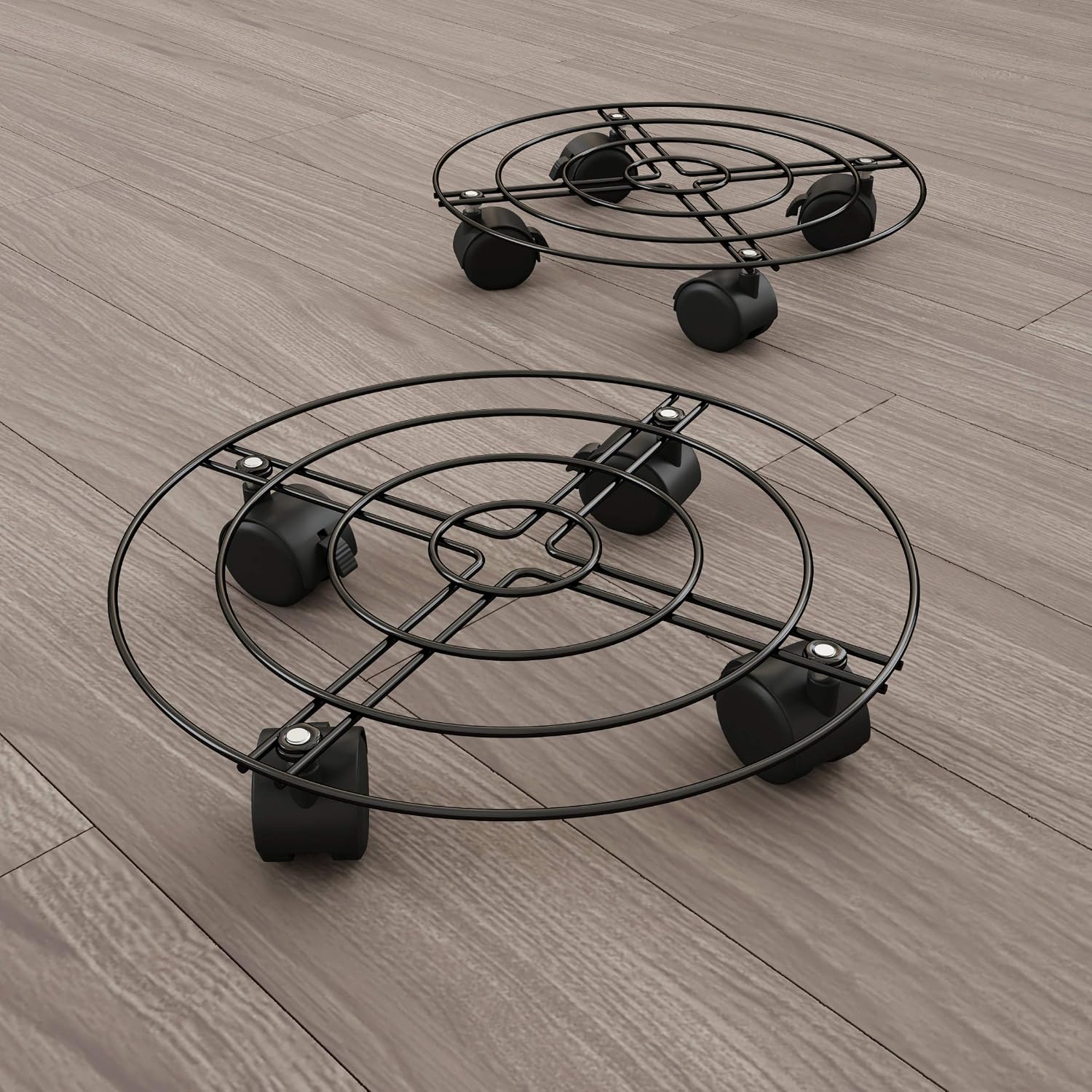 Metal Plant Caddy- Set of 2 Round Pot Stand on Wheels- 12” Black Rolling Tray, Locking Casters, Rustproof for Outdoor/Indoor Use by Pure Garden