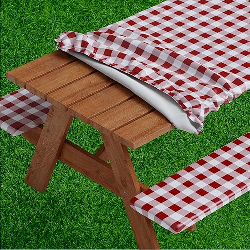 Sorfey Mantel de mesa de picnic con fundas de banco, ajustado con elástico, vinilo con reverso de franela, se adapta a mesa de 30 x 96 pulgadas,