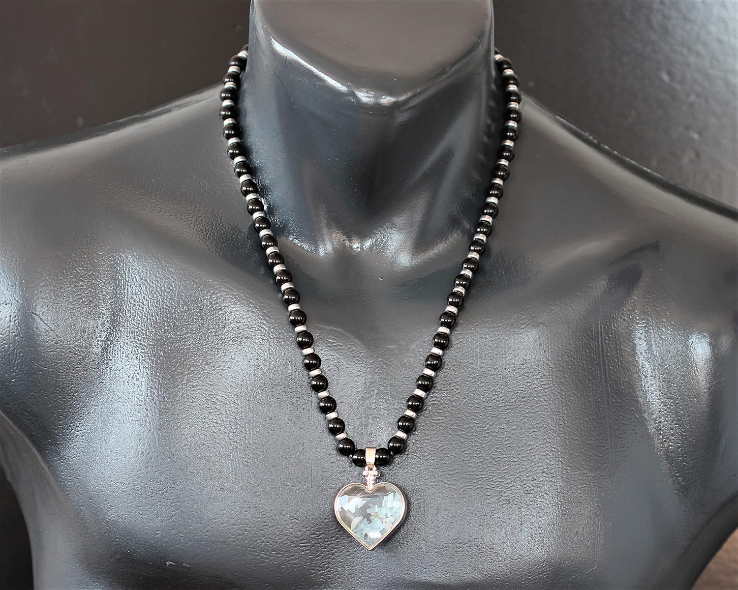 ElisaJewelryArt - Women's Natural Heart Aquamarine Pendant Necklace Black Onyx Beaded Necklace Genuine Gemstone Relaxation Stone Clasp Closure Hematite Necklace Unisex Necklace - Image 3